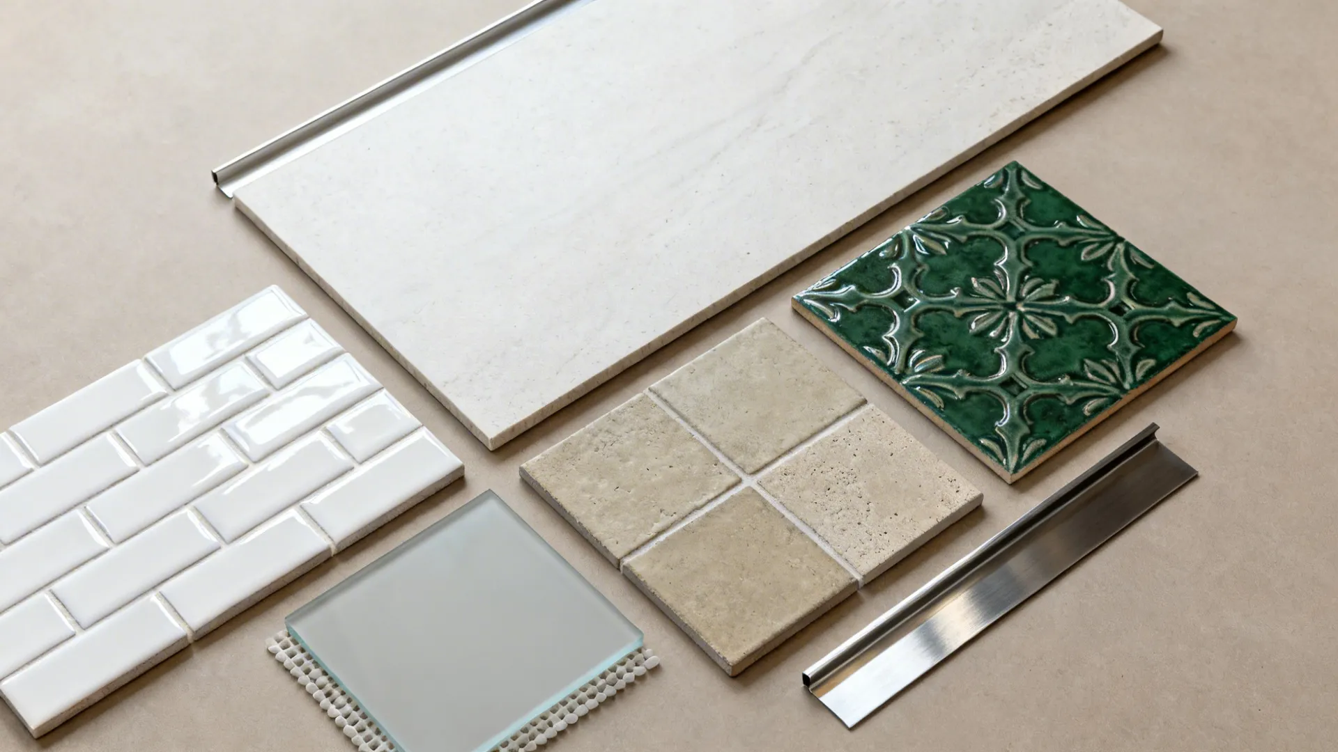 Top-down flat lay of subway, slab, patterned cement, zellige, stainless, and glass backsplash samples.