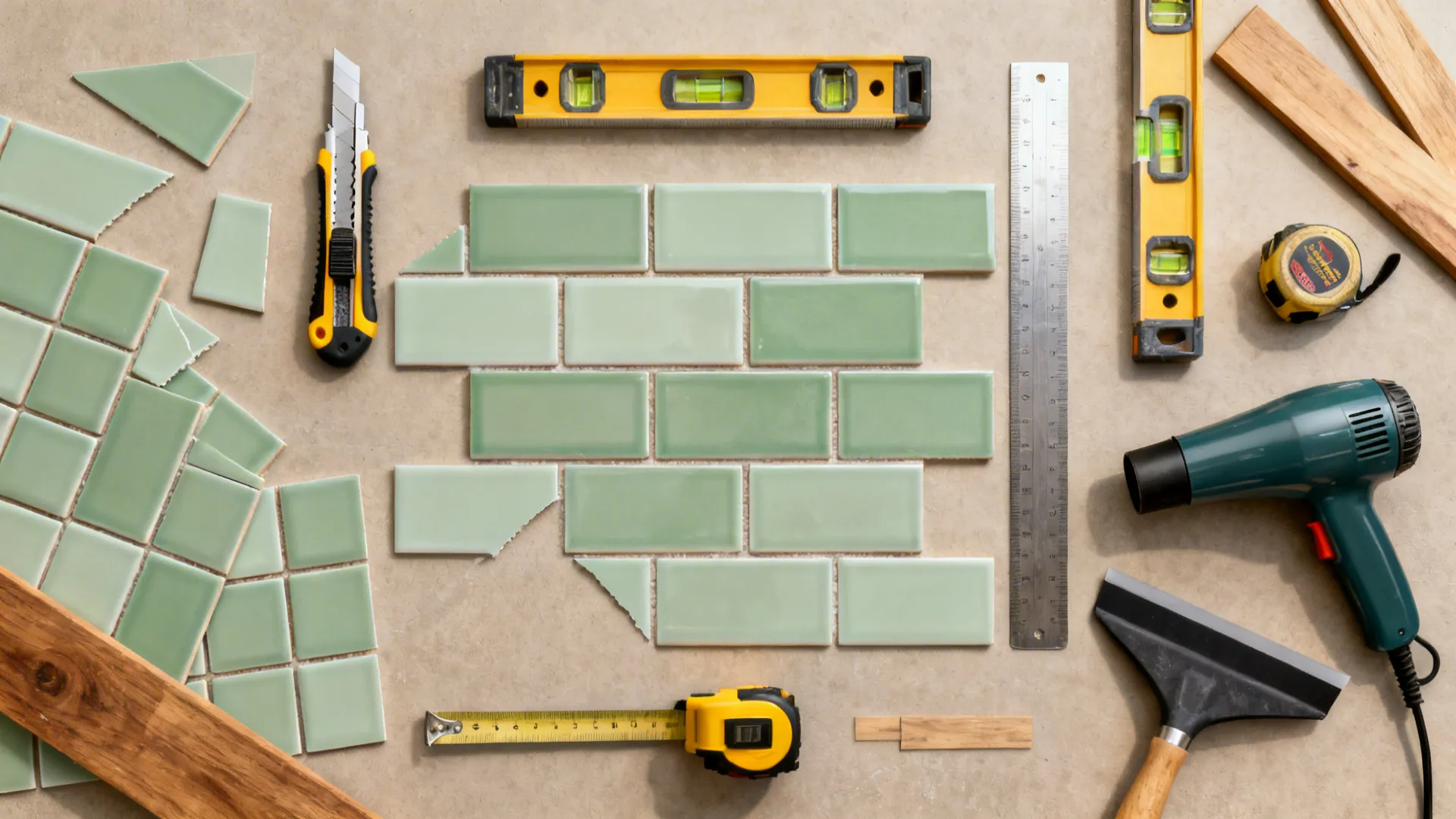 Top-down flat lay of peel-and-stick tiles with knife, ruler, level, tape, hair dryer, and squeegee.