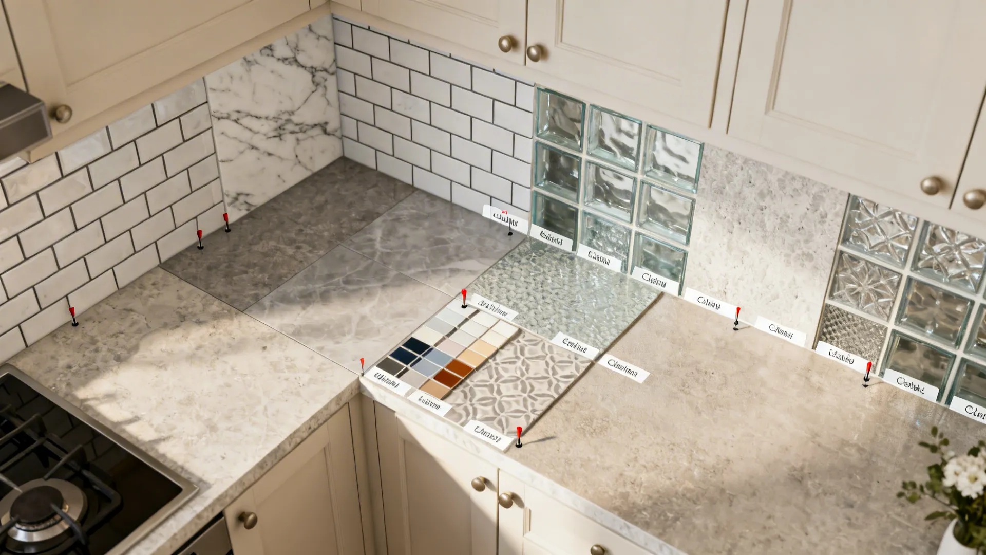 Top-down kitchen mockup showing backsplash options and scale overlays to preview layouts.
