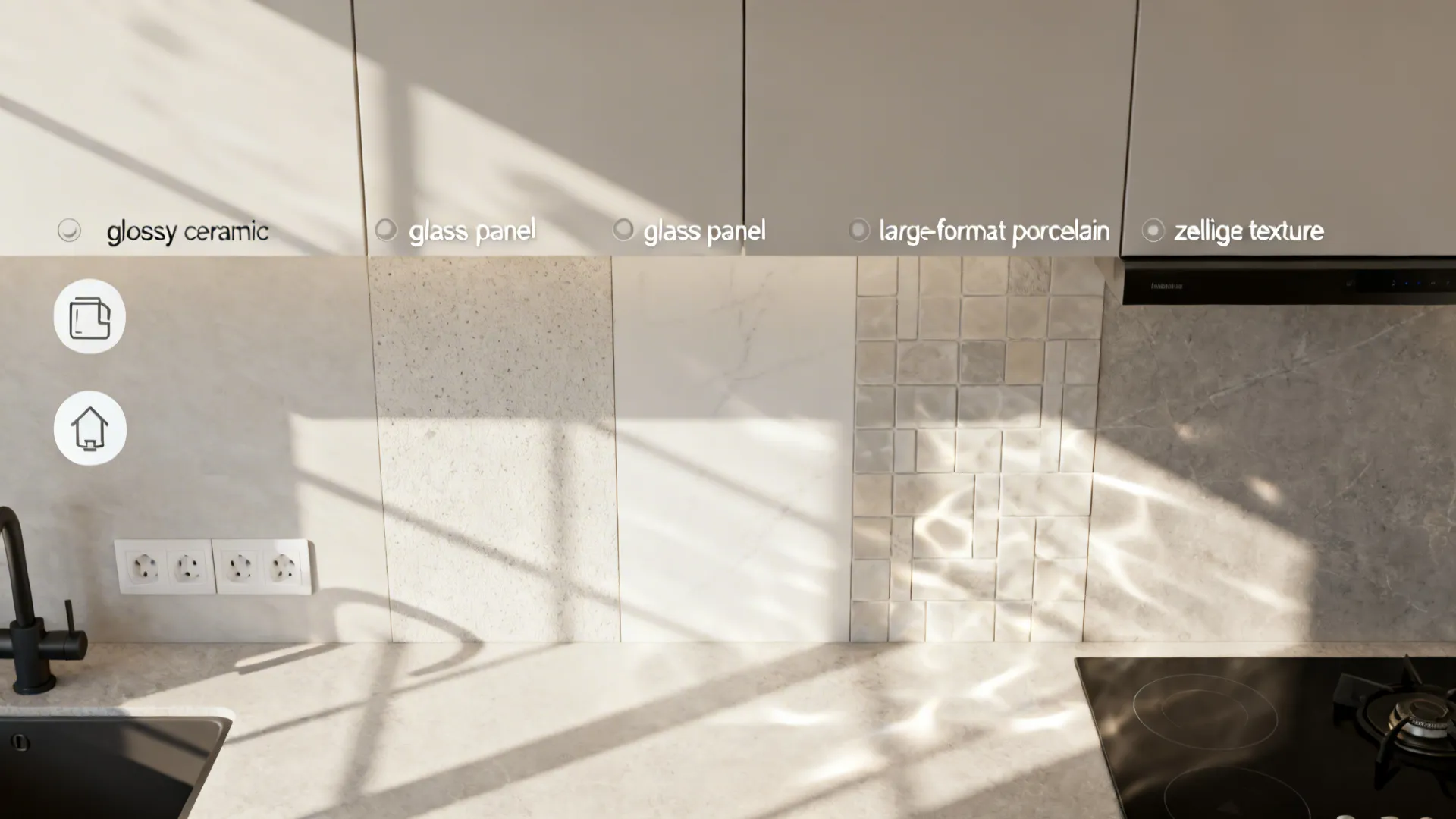 Top-down kitchen layout showing zones for different backsplash materials and light bounce.