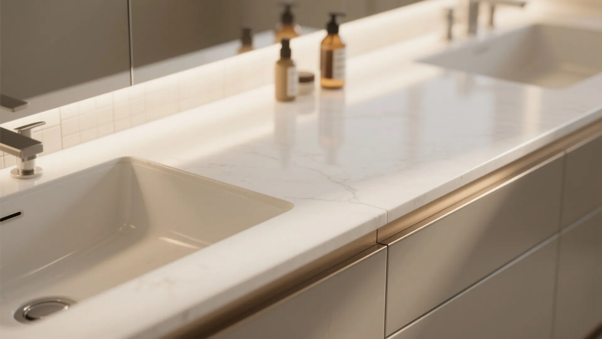 Double sink bathroom cabinet with white marble countertop and small built-in ledge for soap bottles