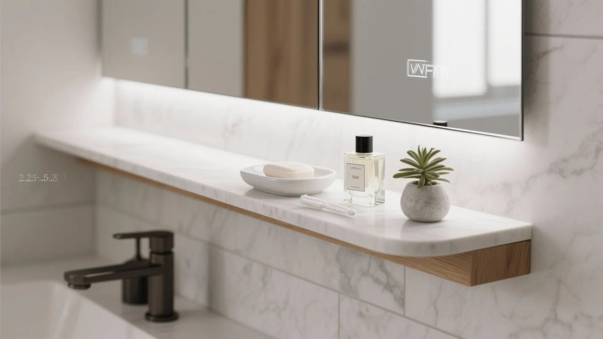 White marble bathroom shelf with soap dish perfume bottle small green plant and a white toothbrush