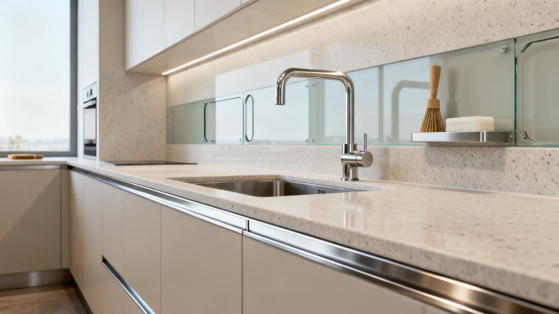 Modern kitchen featuring white cabinets stone countertop silver faucet and glass shelf with cleaning brush
