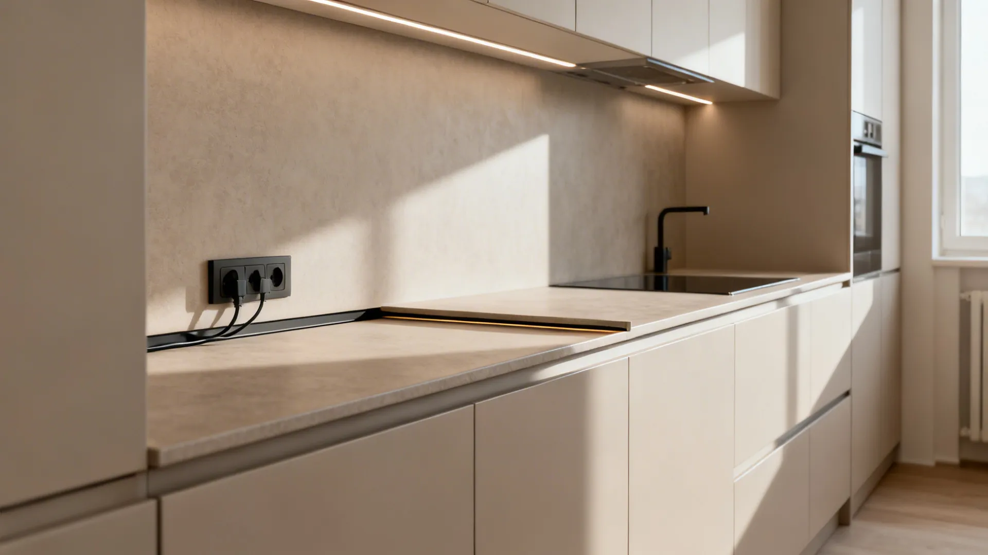 Compact kitchen with an integrated backsplash ledge concealing outlets and LED lighting.