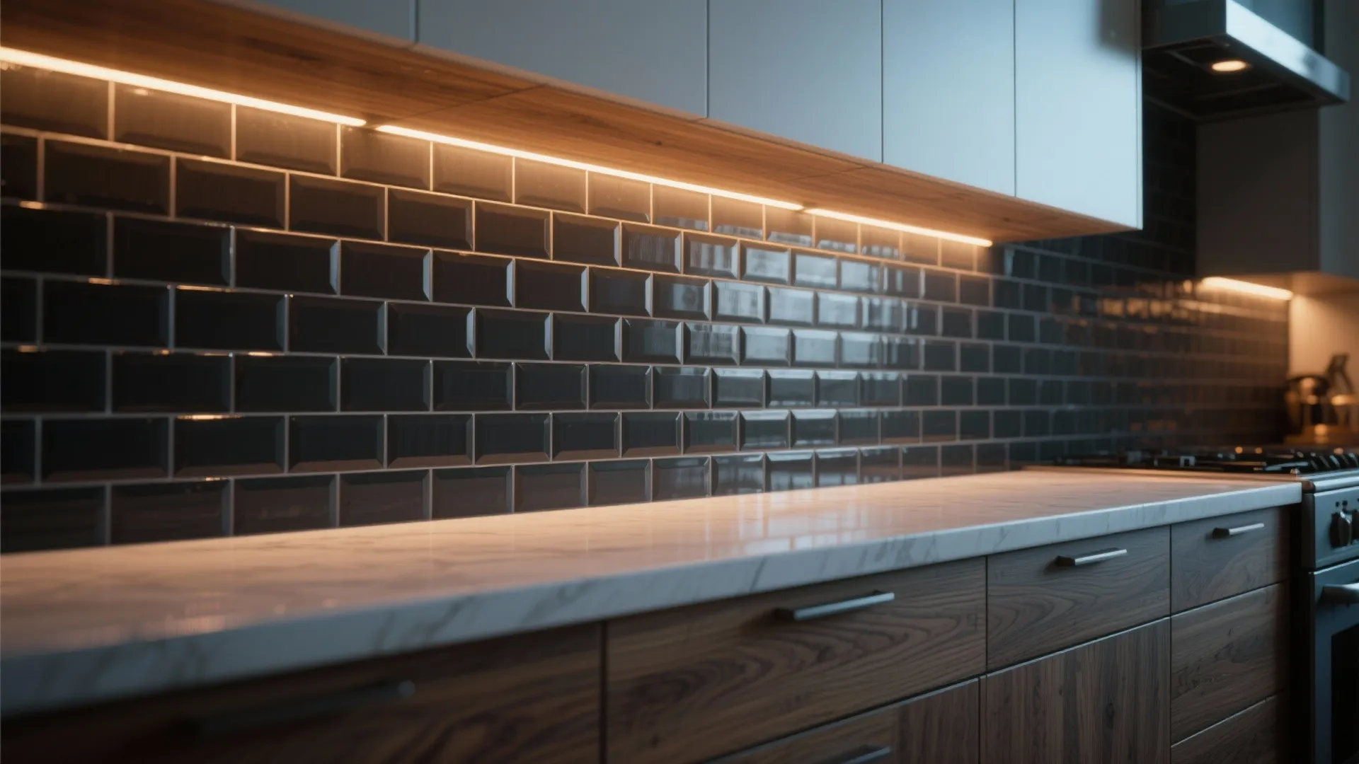 5. High-Contrast Backsplash and Under-Cabinet Lighting