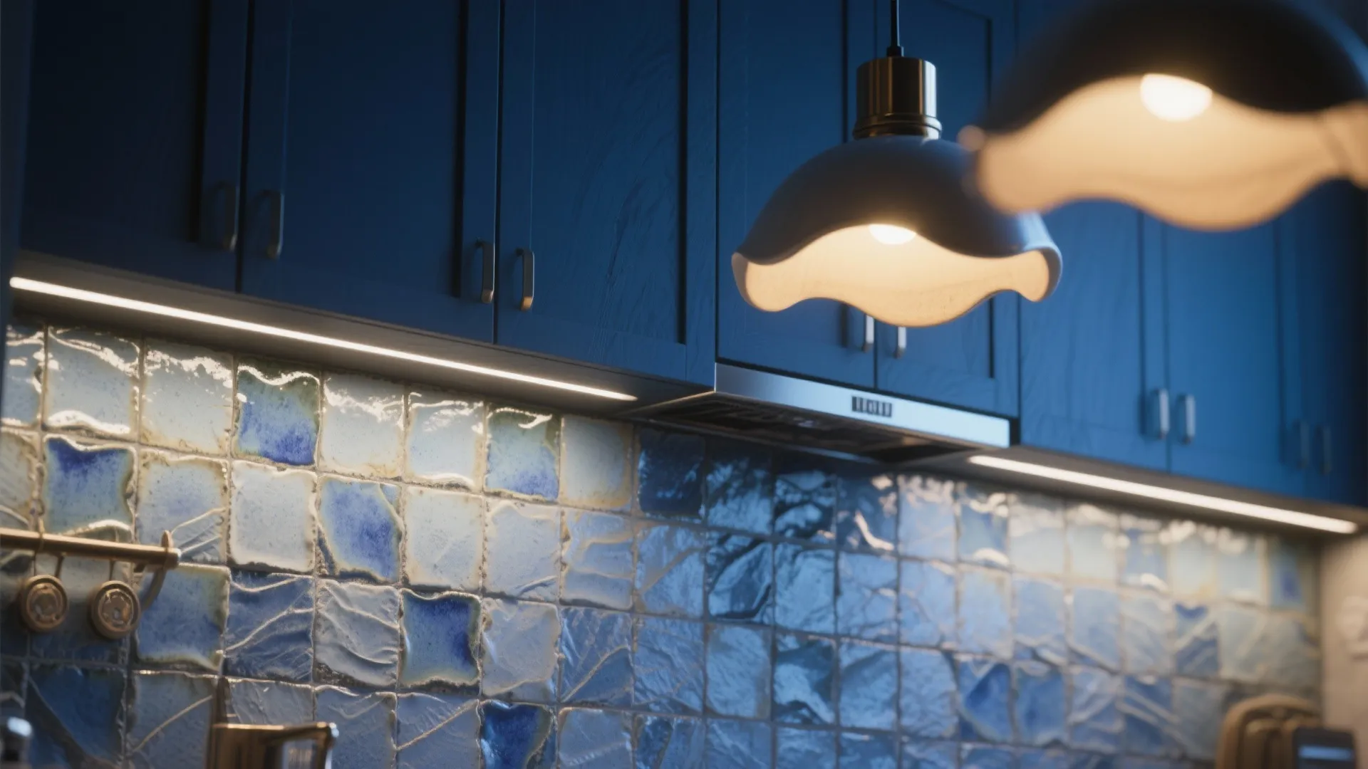 Blue tiled backsplash with under cabinet strip lighting and two white ceiling lights in kitchen