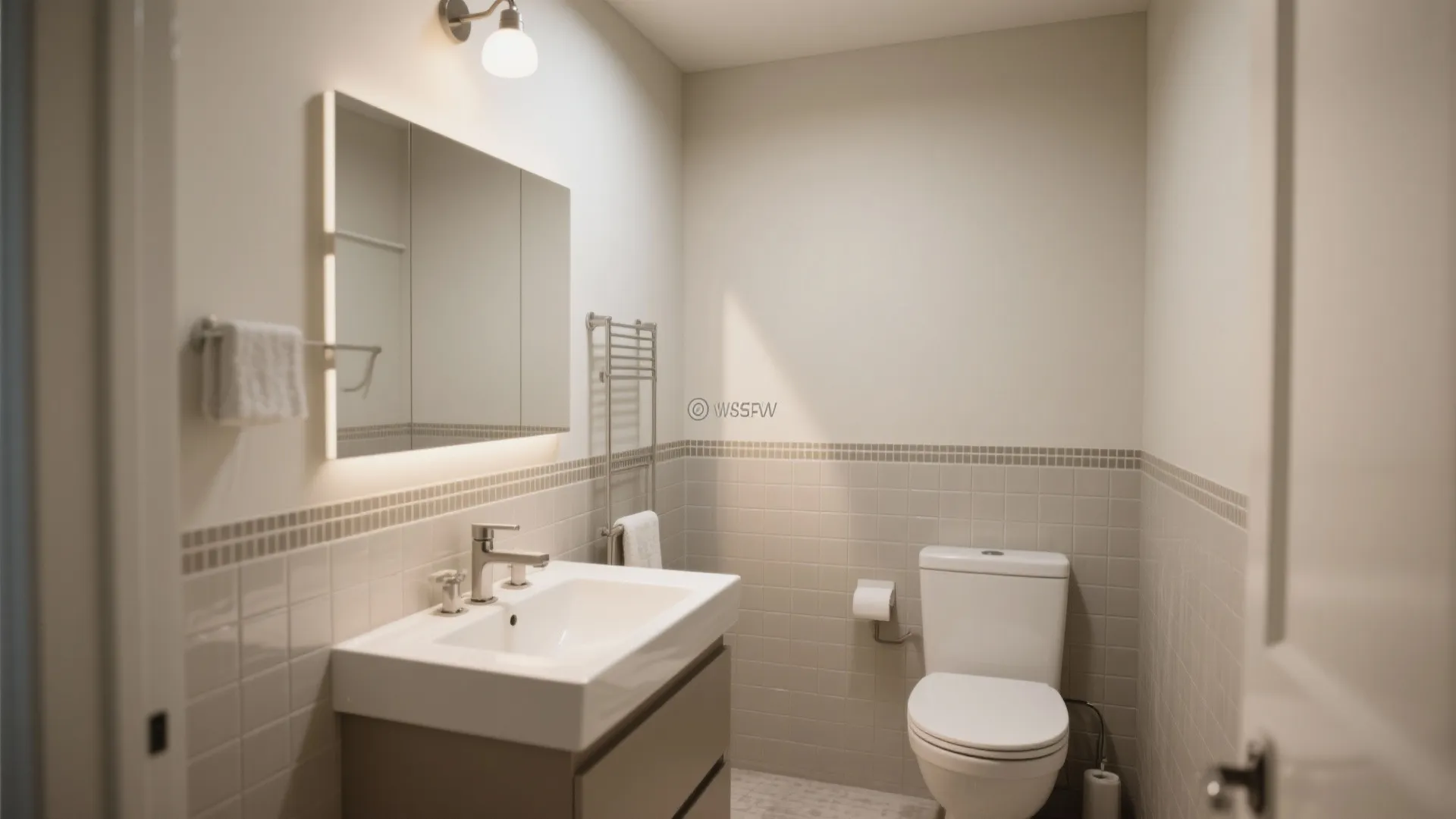 Small bathroom with continuous backsplash listello around walls