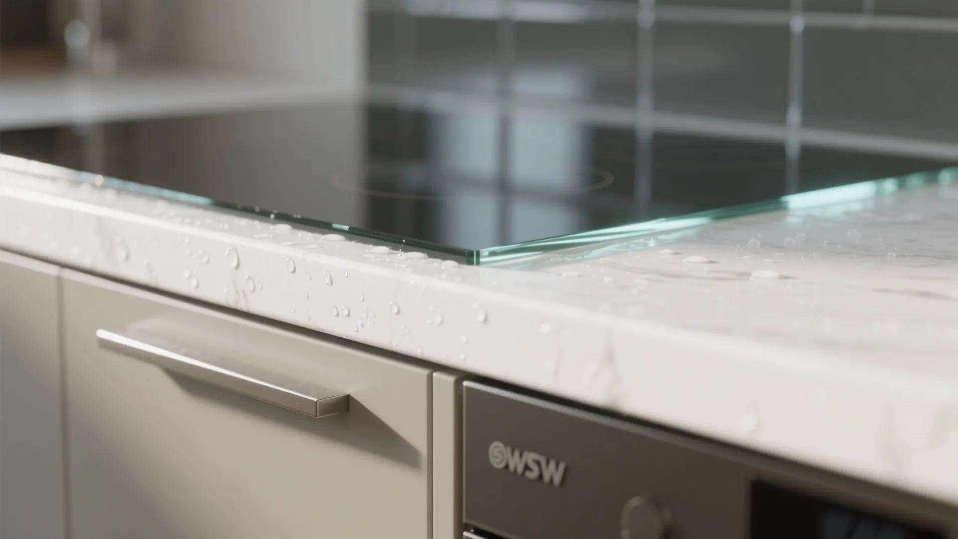 L-shaped kitchen with tall pantry and easy-to-clean glass