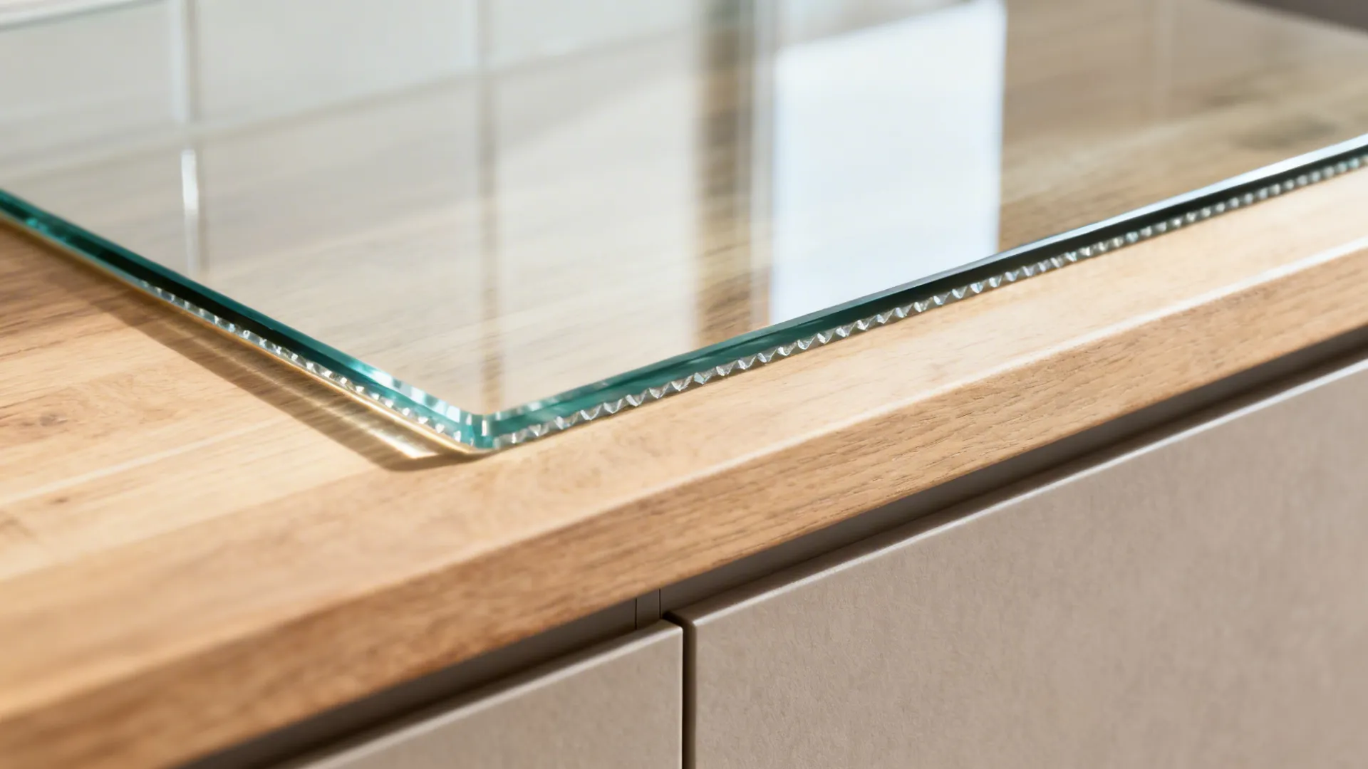 Macro view of a glass backsplash meeting a light wood countertop with clean reflections.