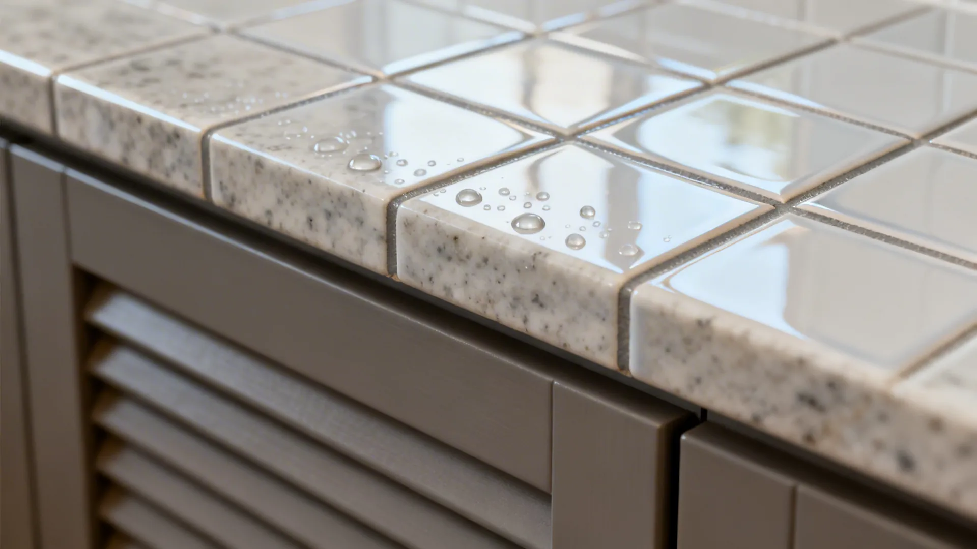 Macro of glossy backsplash with epoxy grout beside a light greige quartz edge and matte cabinet front.