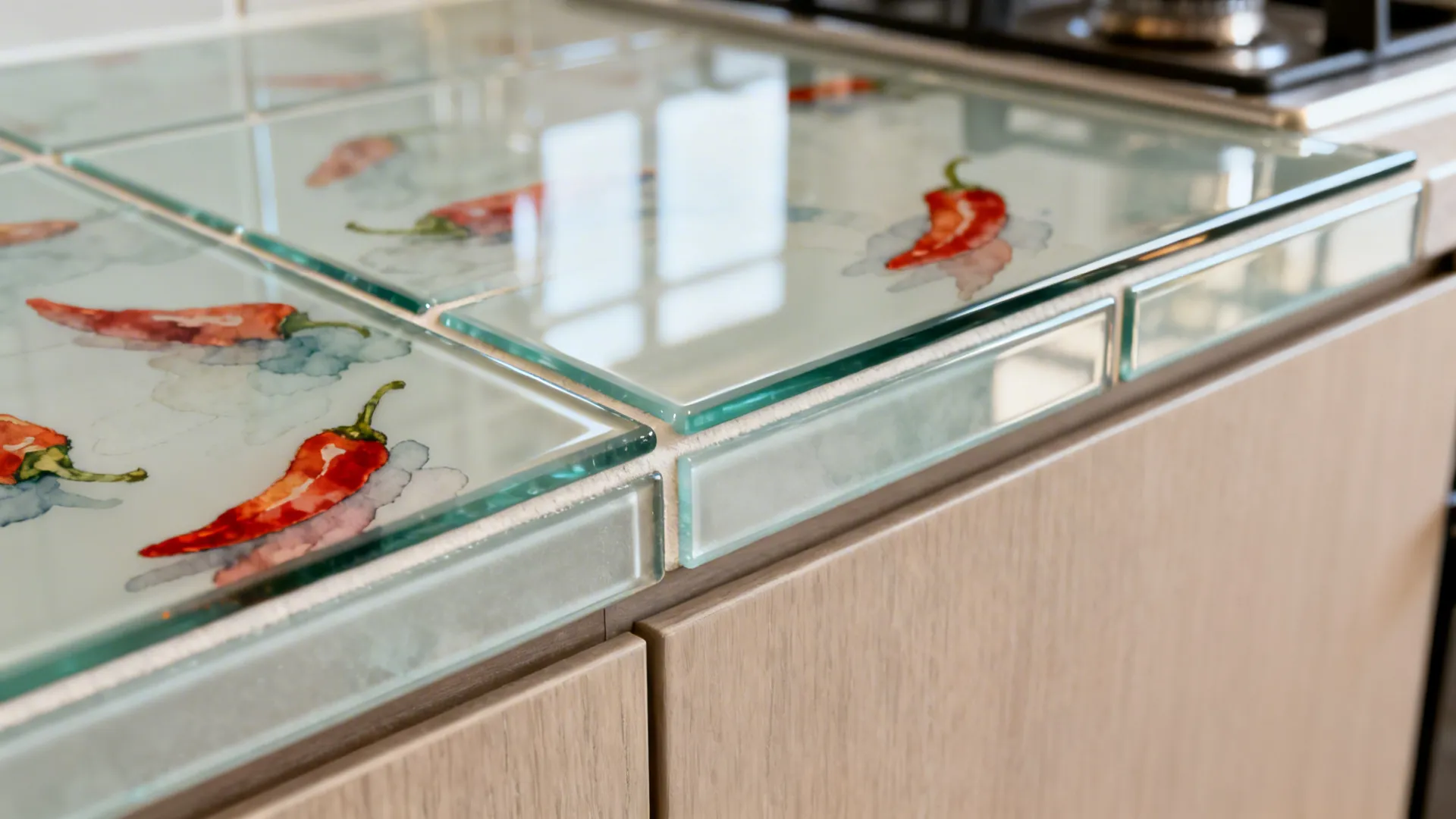 Macro of a glossy tempered glass backsplash with a subtle red chili watercolor beneath.