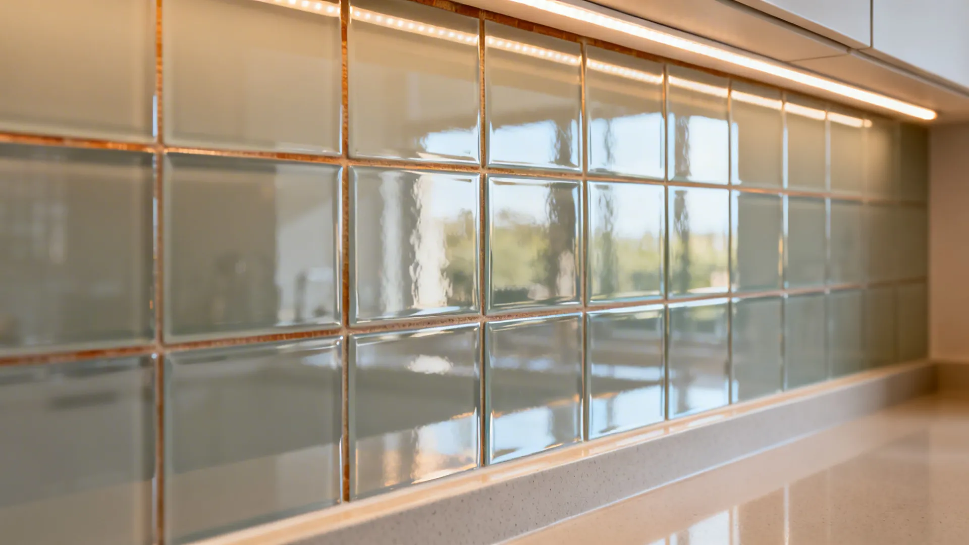 Close-up of glossy backsplash with LED reflection and matte countertop edge.