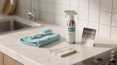 Clean Kitchen Countertop with Organized Cleaning Tools