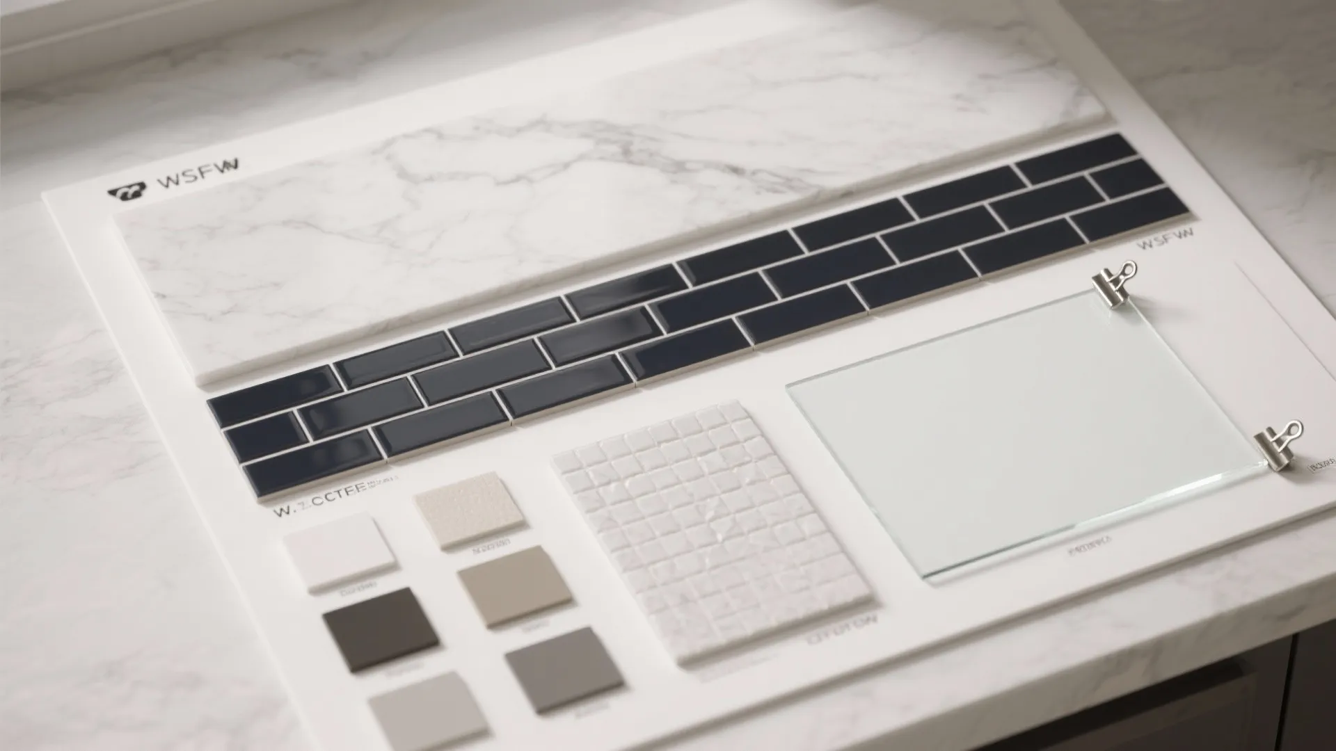Material board with marble slab black tiles white mosaic glass sheet and small color samples