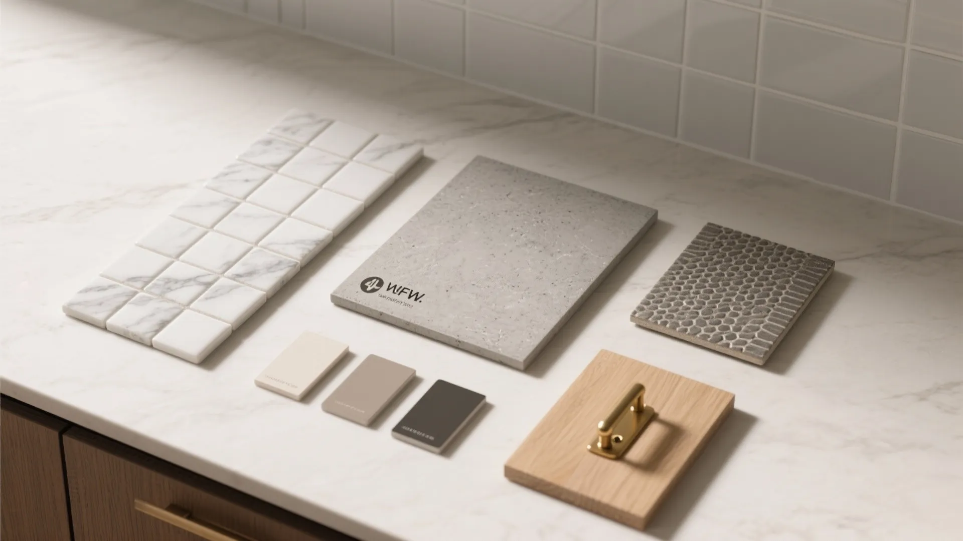 Kitchen material board with marble tiles grey stone wood piece gold handle and small color samples