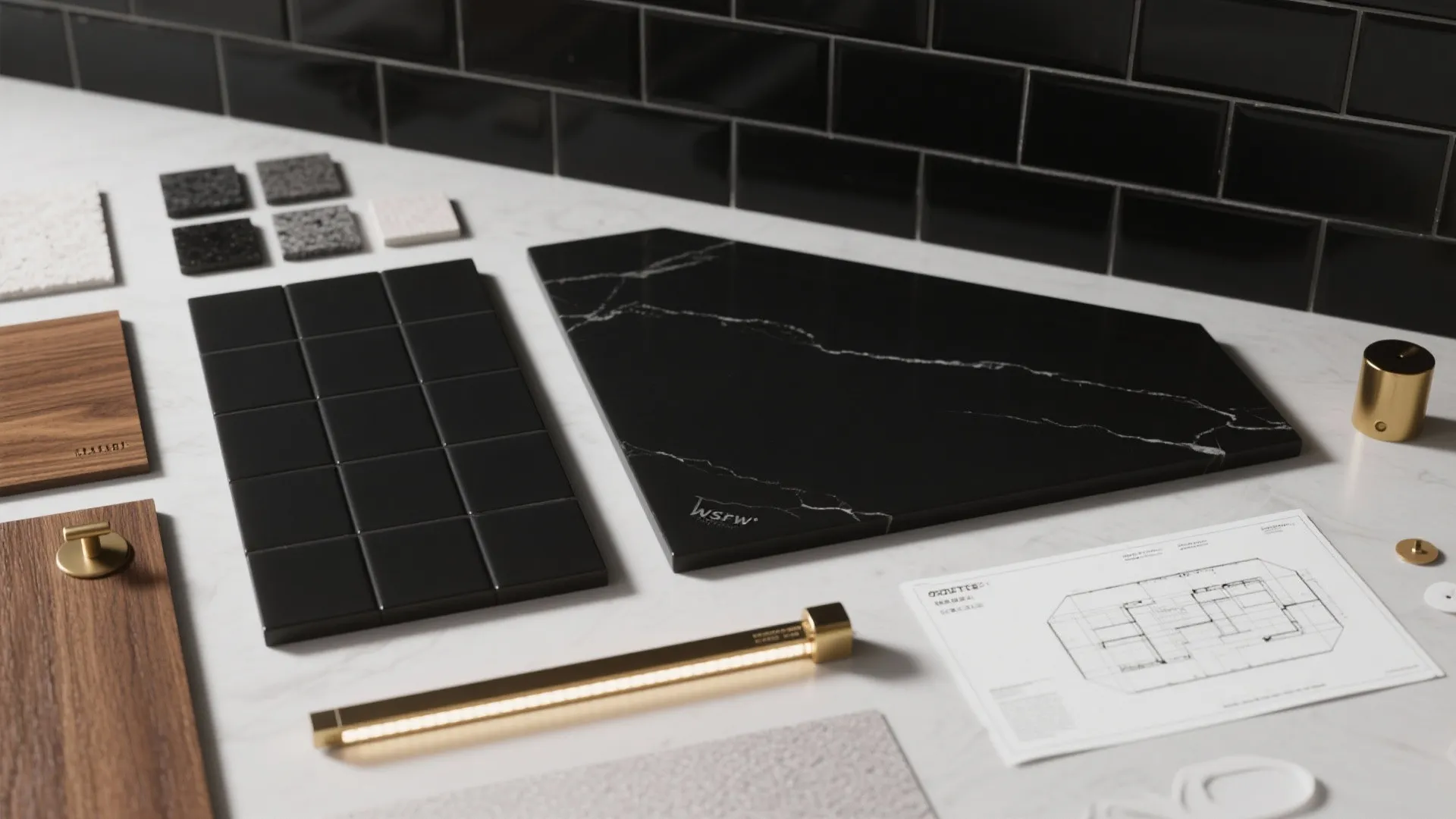 Top-down material flatlay showing black tile samples, wood veneer, brass hardware and grout swatches.