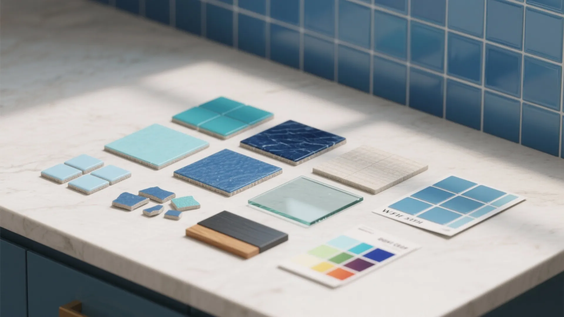 Collection of blue and neutral tile samples color cards and materials on white marble kitchen countertop