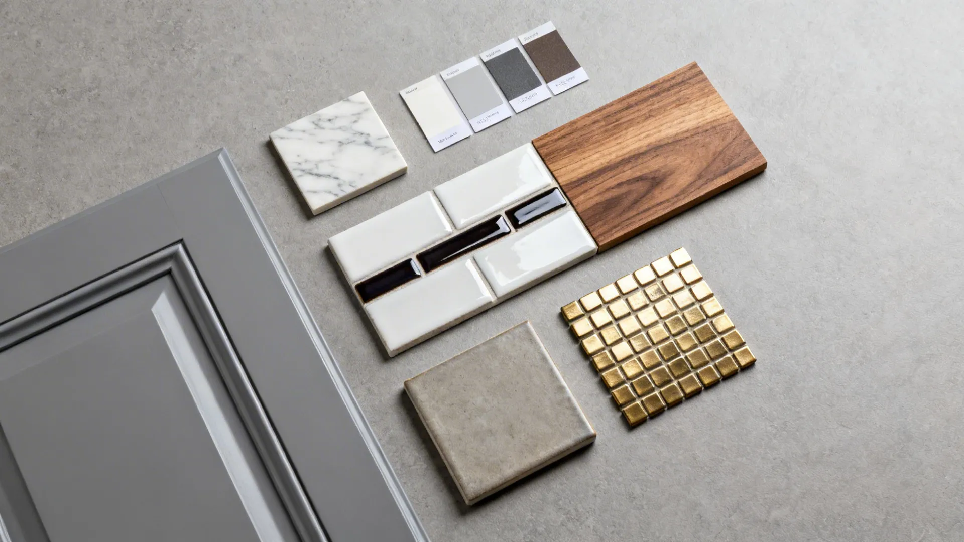Flatlay of backsplash swatches: marble-look porcelain, subway tile, wood veneer, encaustic and brass mosaic with grout chips.
