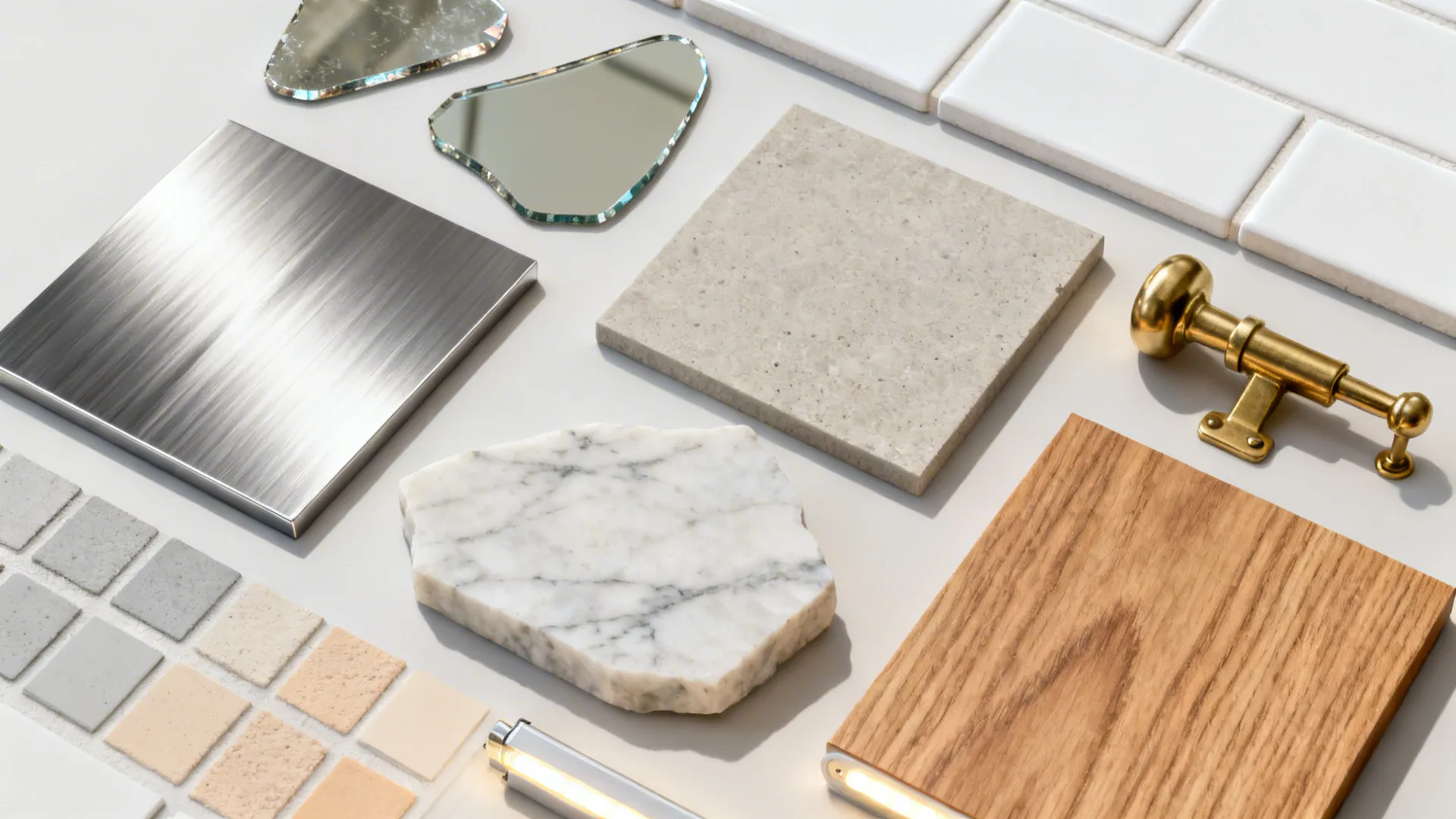 Flat lay of stainless, antiqued mirror, subway tile, quartz, porcelain, grout swatches, brass, and wood.
