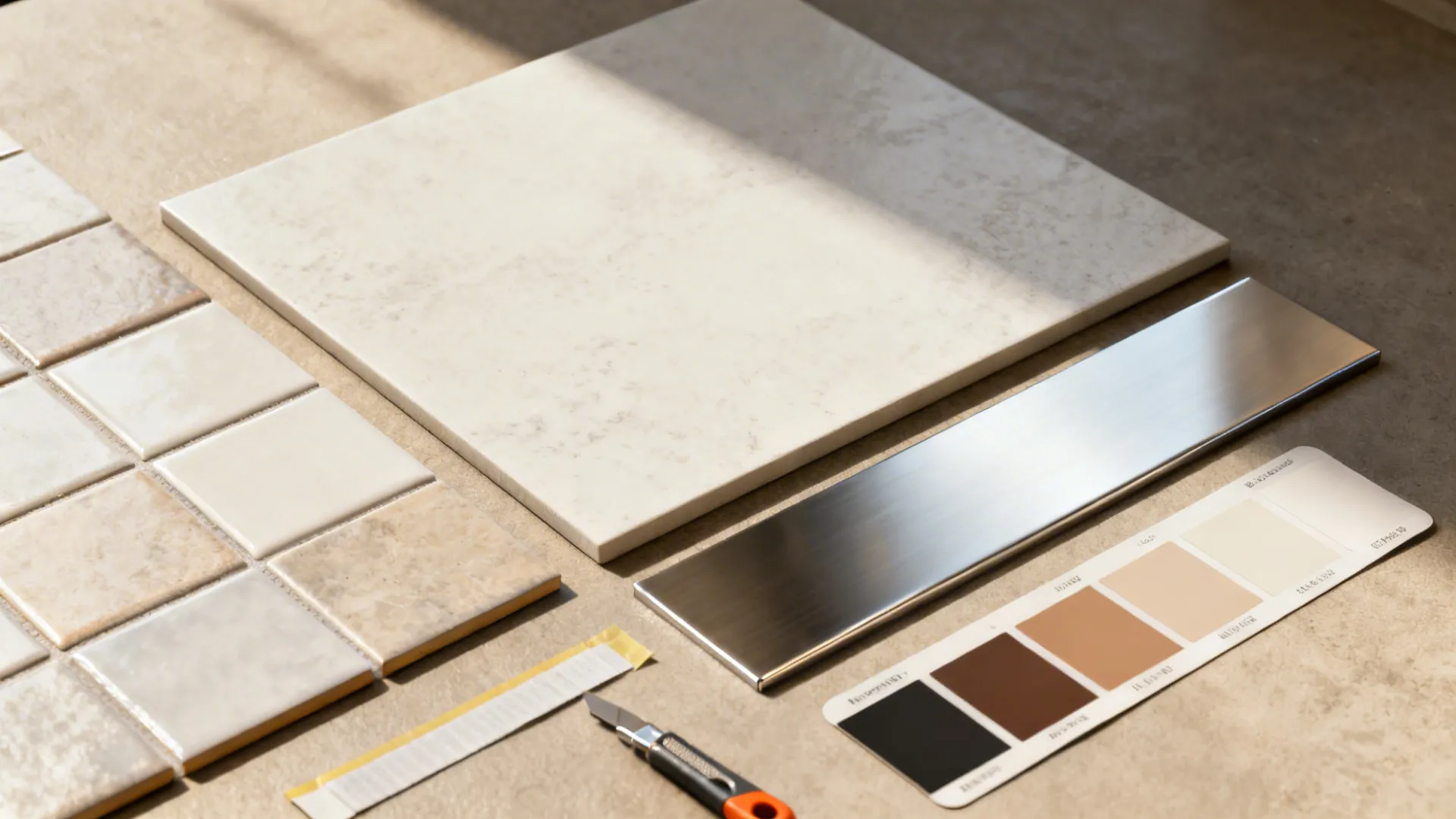 Flatlay of backsplash material samples including peel-and-stick, porcelain, and stainless panels for small kitchens.