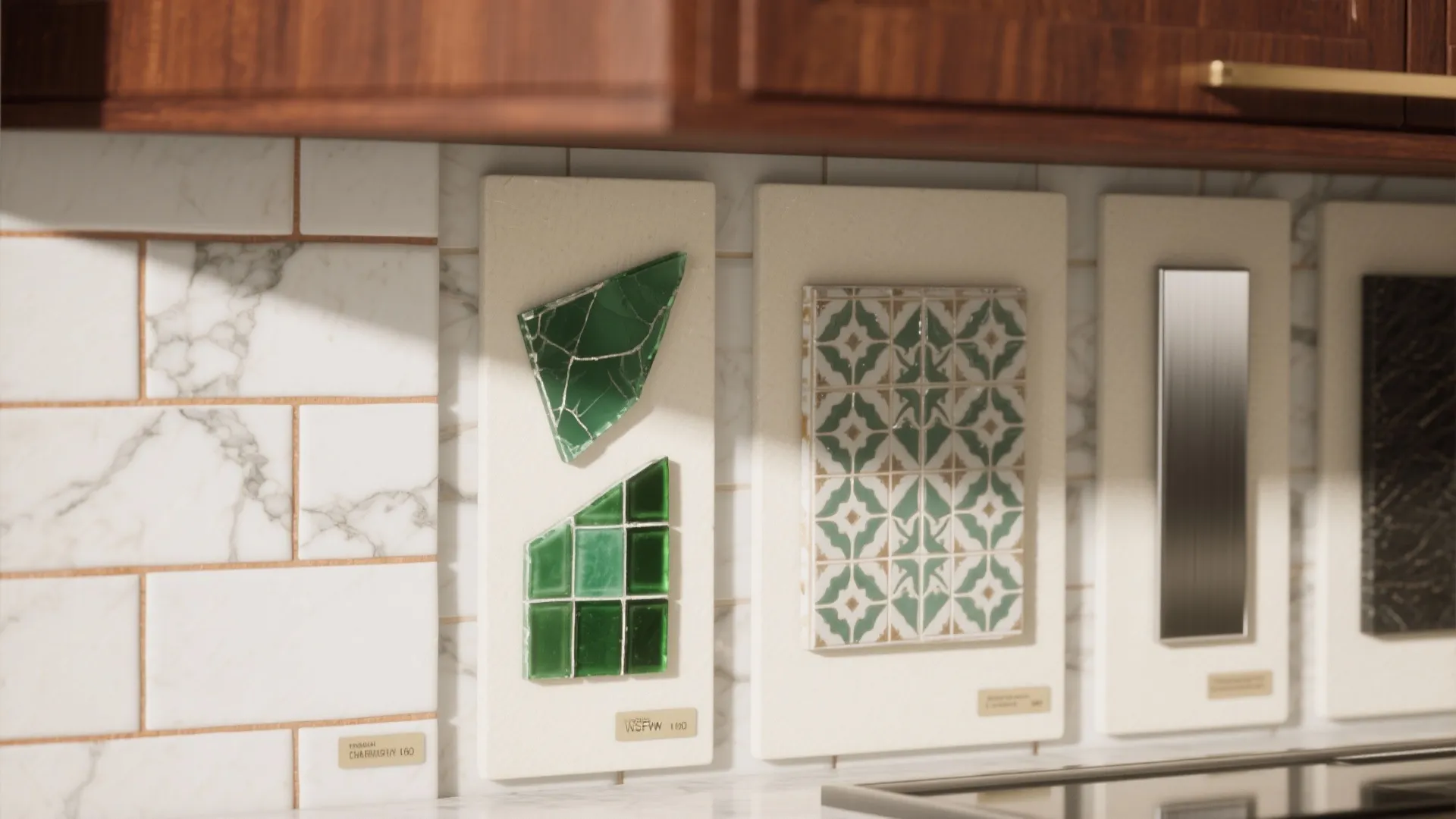 Close up of various green and white wall tile samples displayed on a kitchen counter