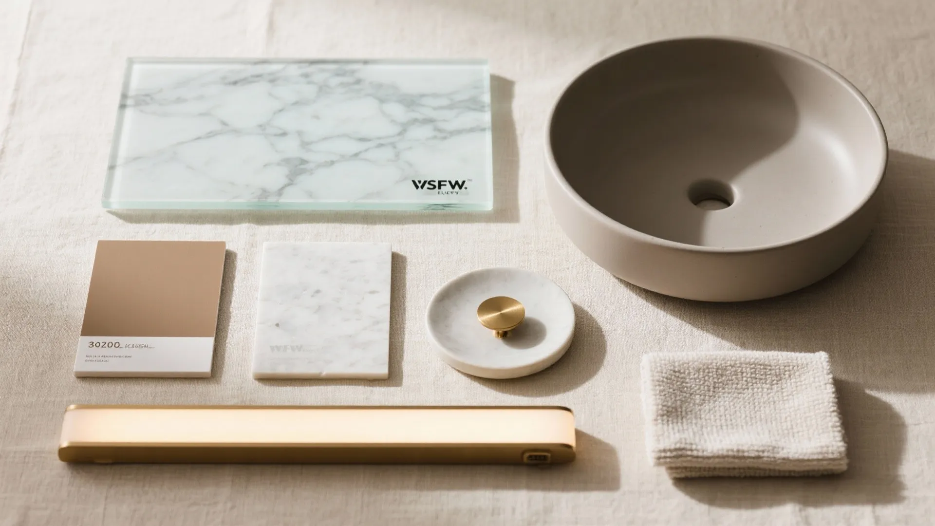 Interior design material board showing marble tiles round sink gold light fixture and color samples