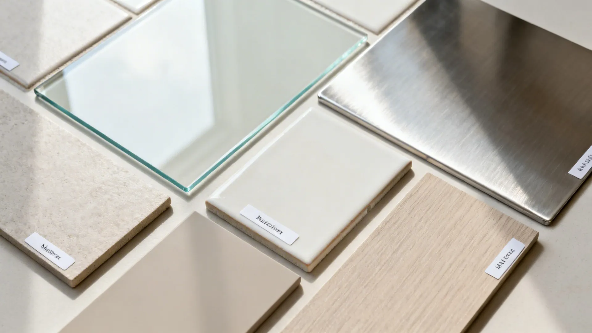 Flat lay of tempered glass, high-gloss tile, brushed steel, and neutral laminate swatches.