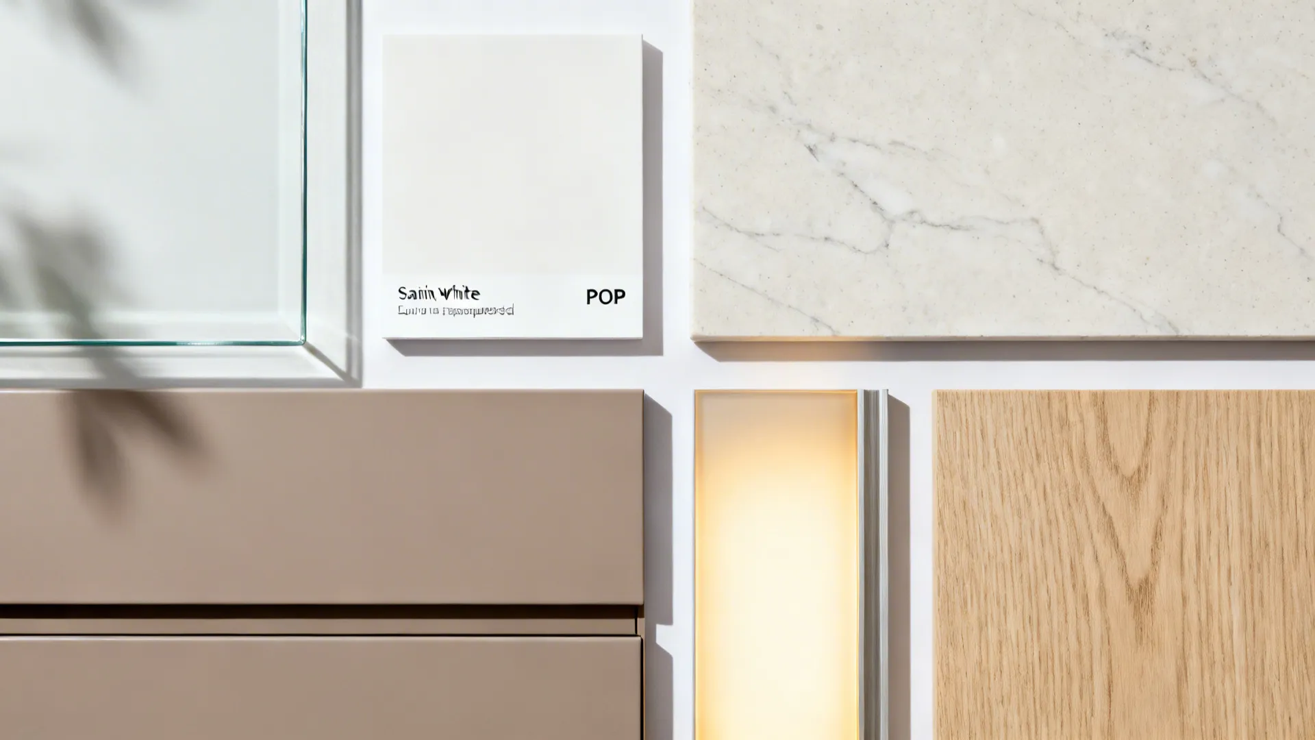 Flat lay of low-iron glass, satin POP paint, quartz, matte cabinet finish, LED strip, and oak veneer.