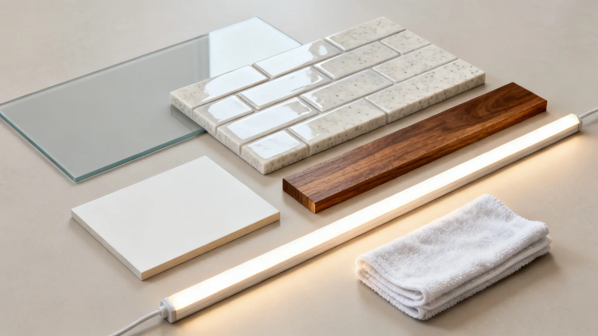 Flat lay of back-painted glass, glossy tiles, quartz, white laminate, walnut laminate, and LED strip.