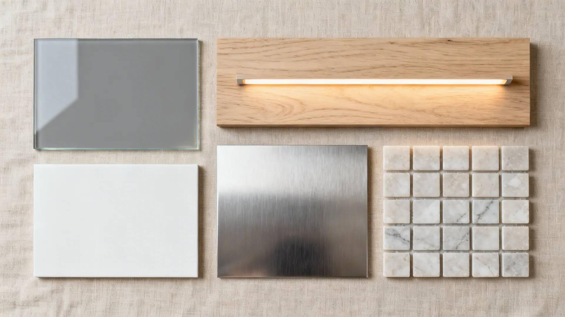 Flatlay of soft gray glass, matte white, light oak, and quartz samples for a bright small kitchen.