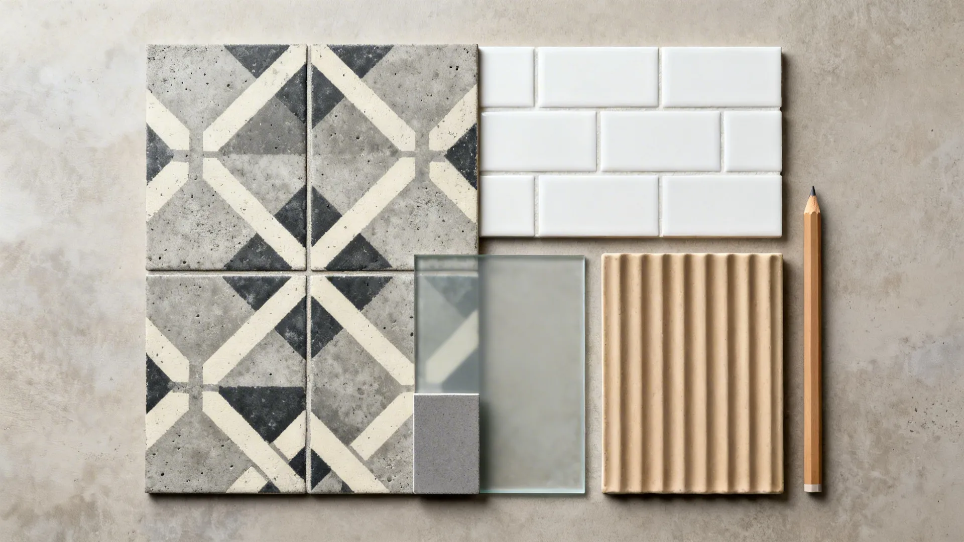 Flatlay of cement-look patterned porcelain, matte subway, fluted tile, low-iron glass, and grout swatches.