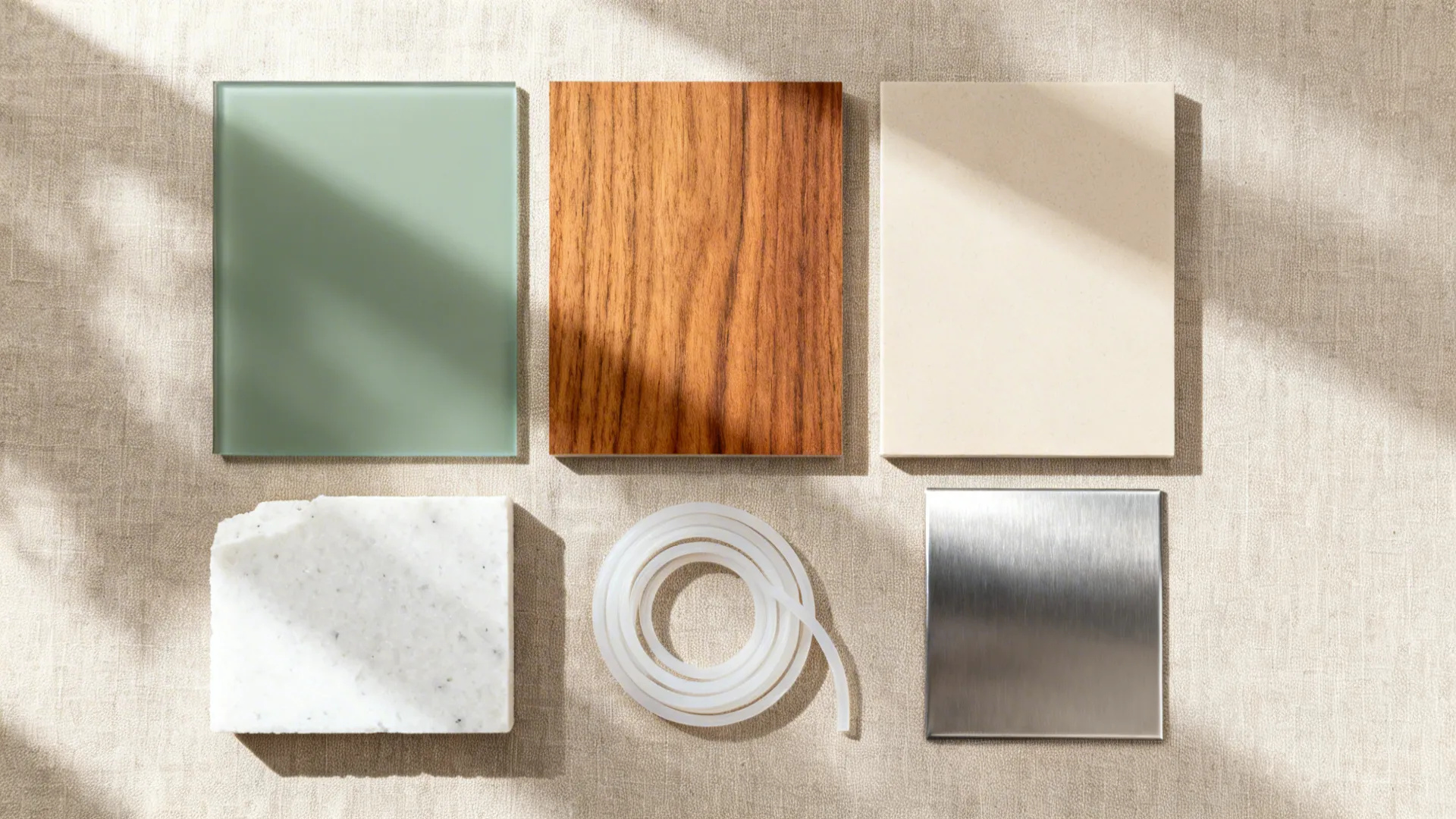 Flat lay of sage glass, teak and beige laminates, quartz, and stainless steel samples.