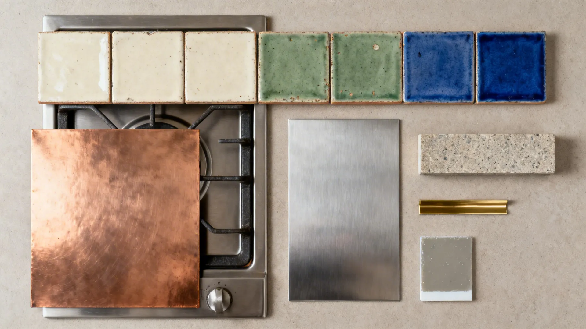 Flat lay of cream, moss, and indigo glazed tiles with copper and stainless sheets and stone sample.