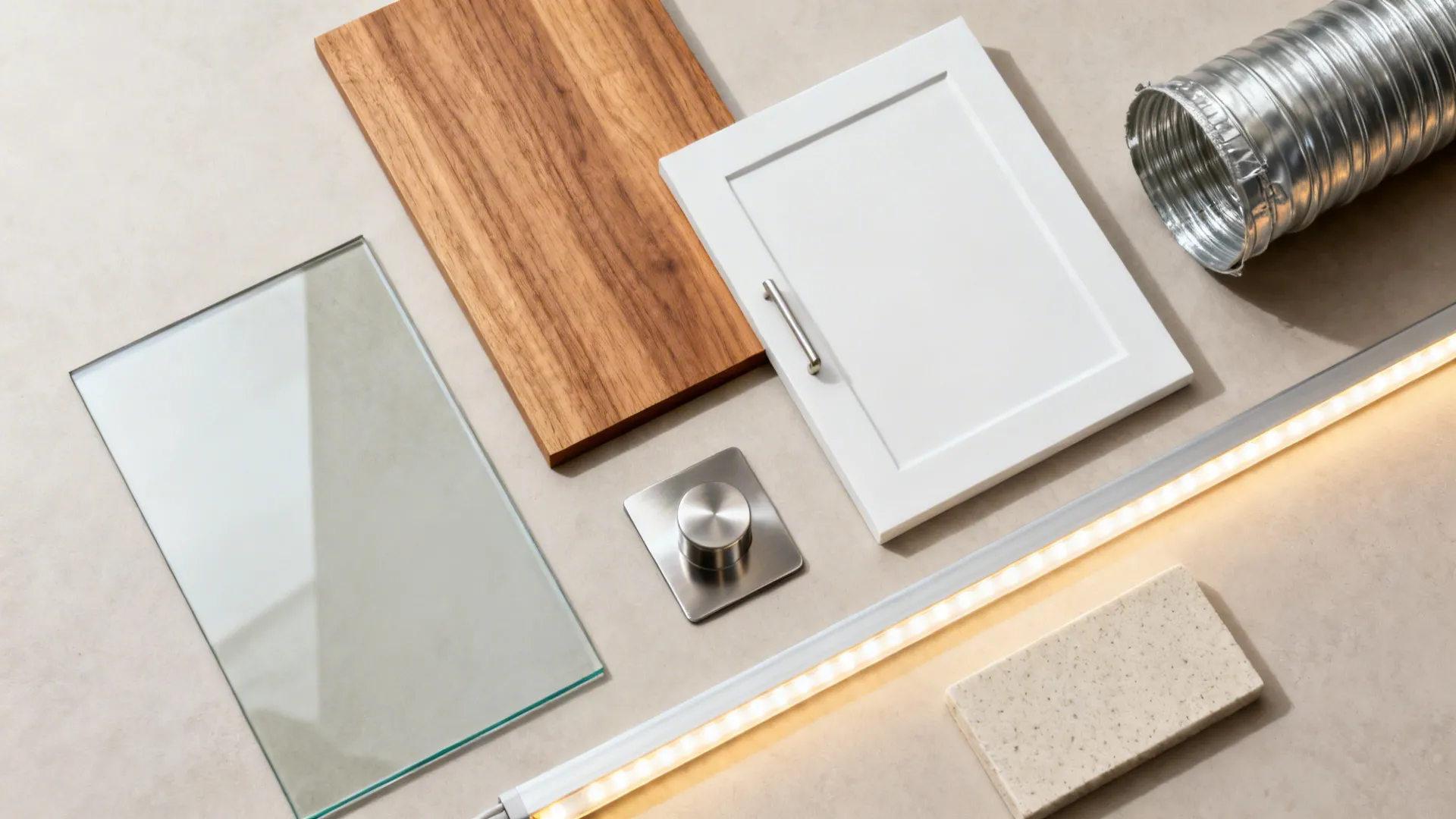 Flat lay of low-iron glass, wood, matte white, stainless, LED light, and duct samples.