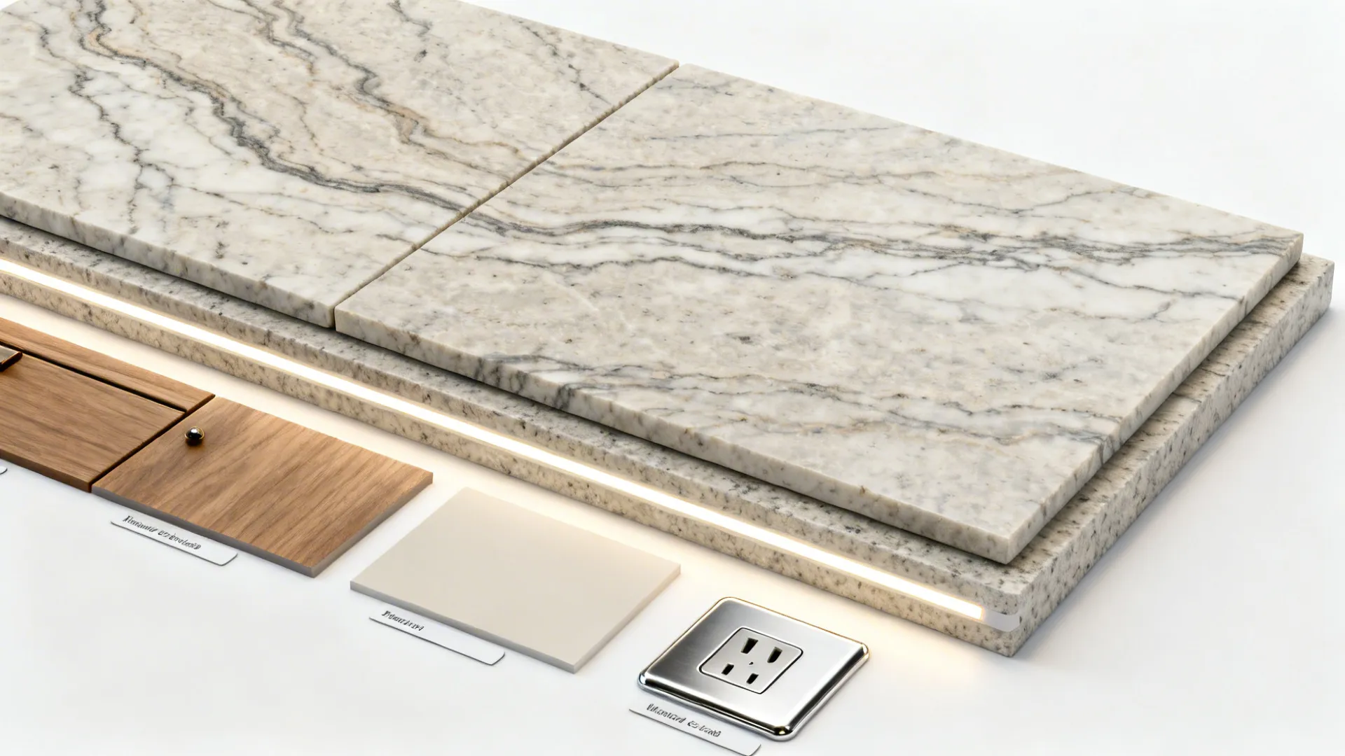 Flat lay with bookmatched granite sample, matte oak swatch, neutral paint chip, and slim stone edge details.