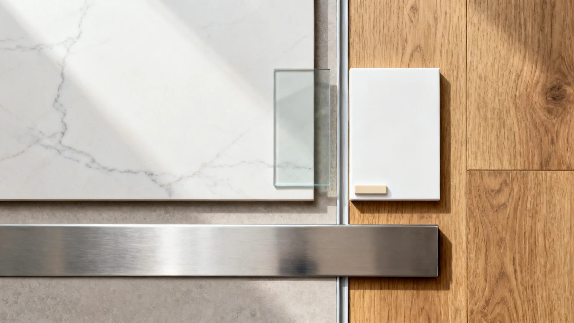Flat lay of slab backsplash, low-iron glass, cabinet finish, steel toe-kick, and oak flooring.