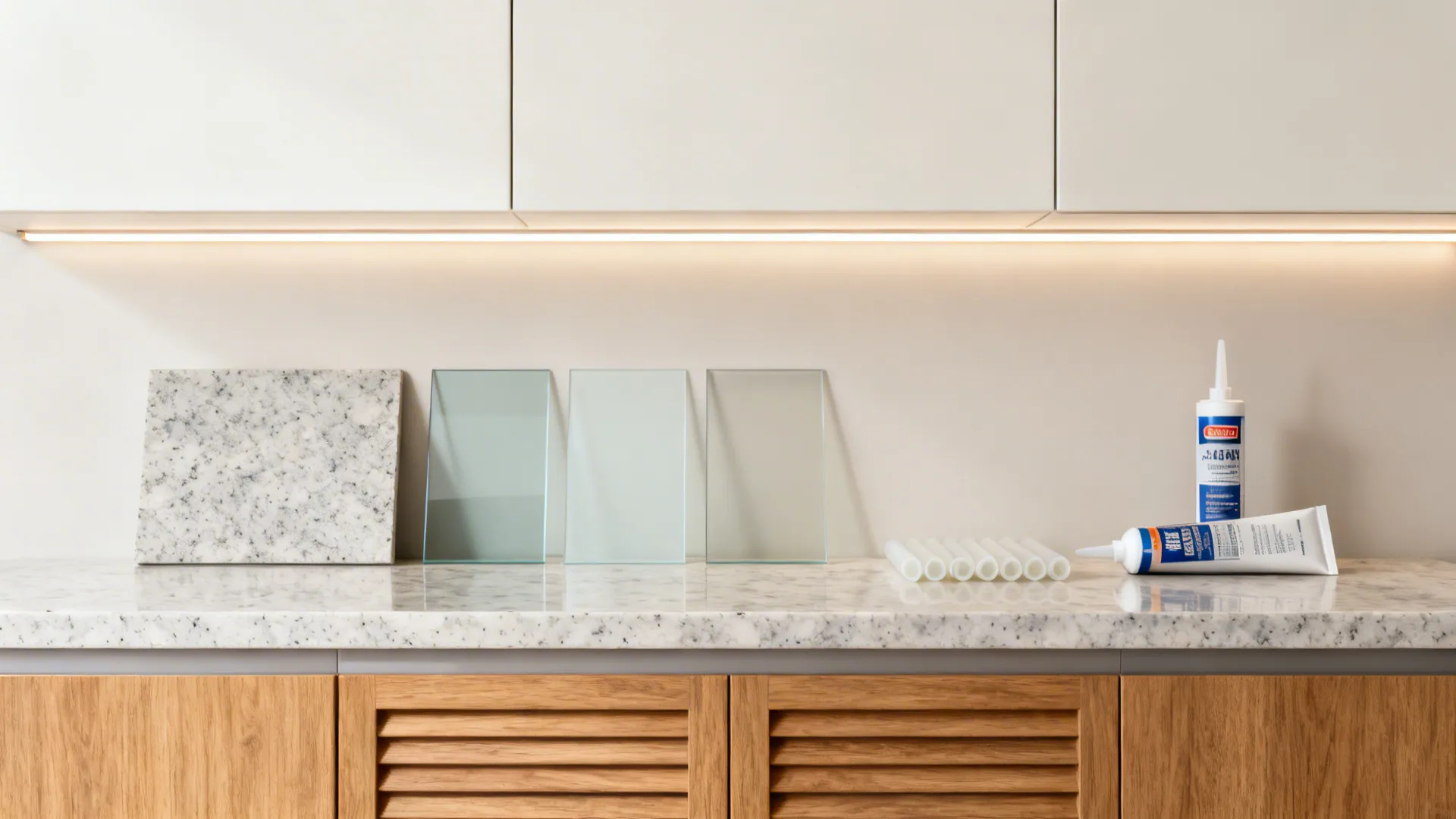 Flatlay of tempered glass, quartz, wood laminates, and LED strip for a cohesive kitchen palette.