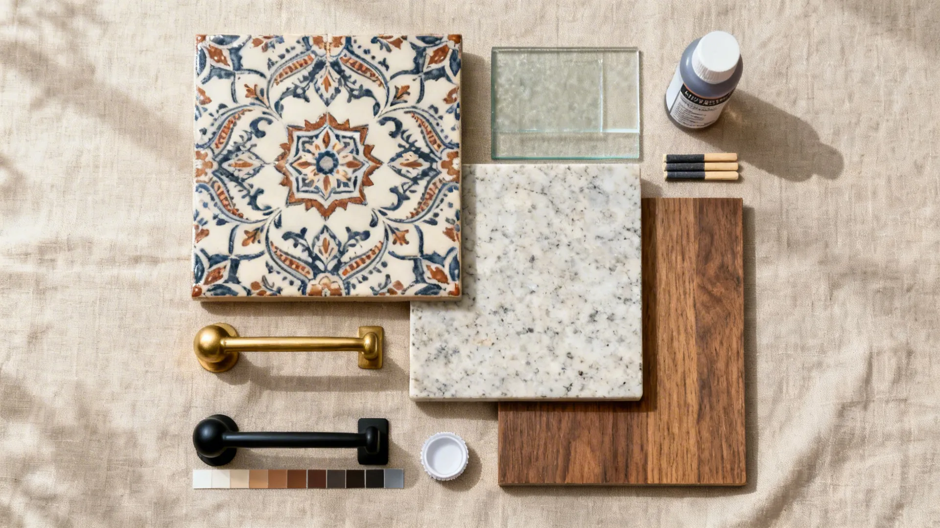 Flat lay of patterned tile, glass, quartz, laminate, and hardware for an Indian kitchen.