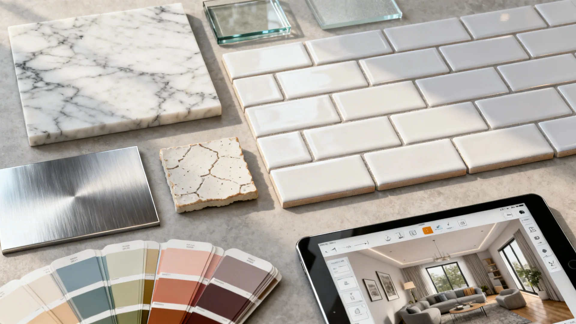 Flatlay of backsplash material samples and a tablet showing a kitchen layout planner.