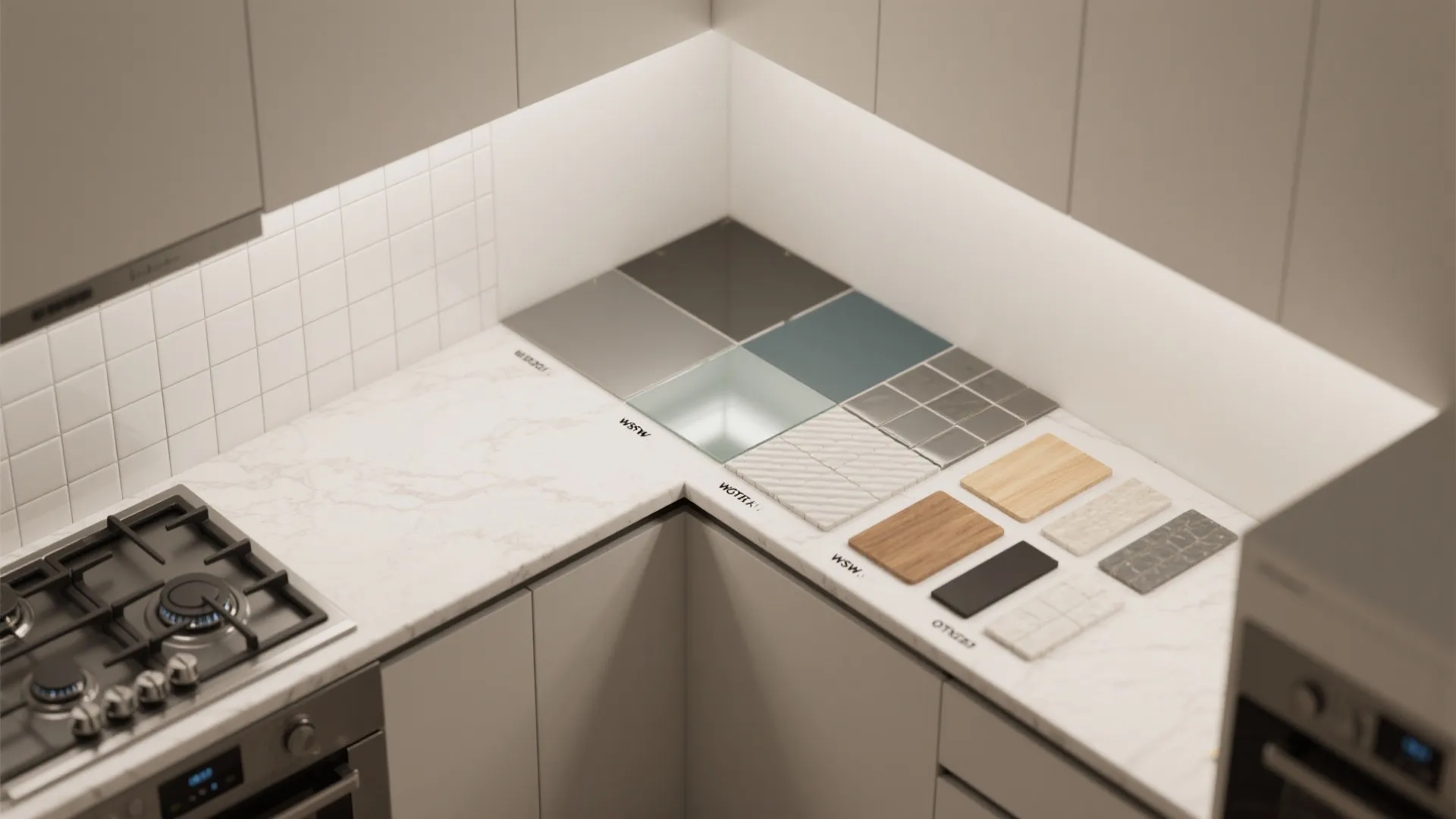 Top-down mockup showing mixed-material backsplash strategy with swatches for tile, glass, metal, and wood.