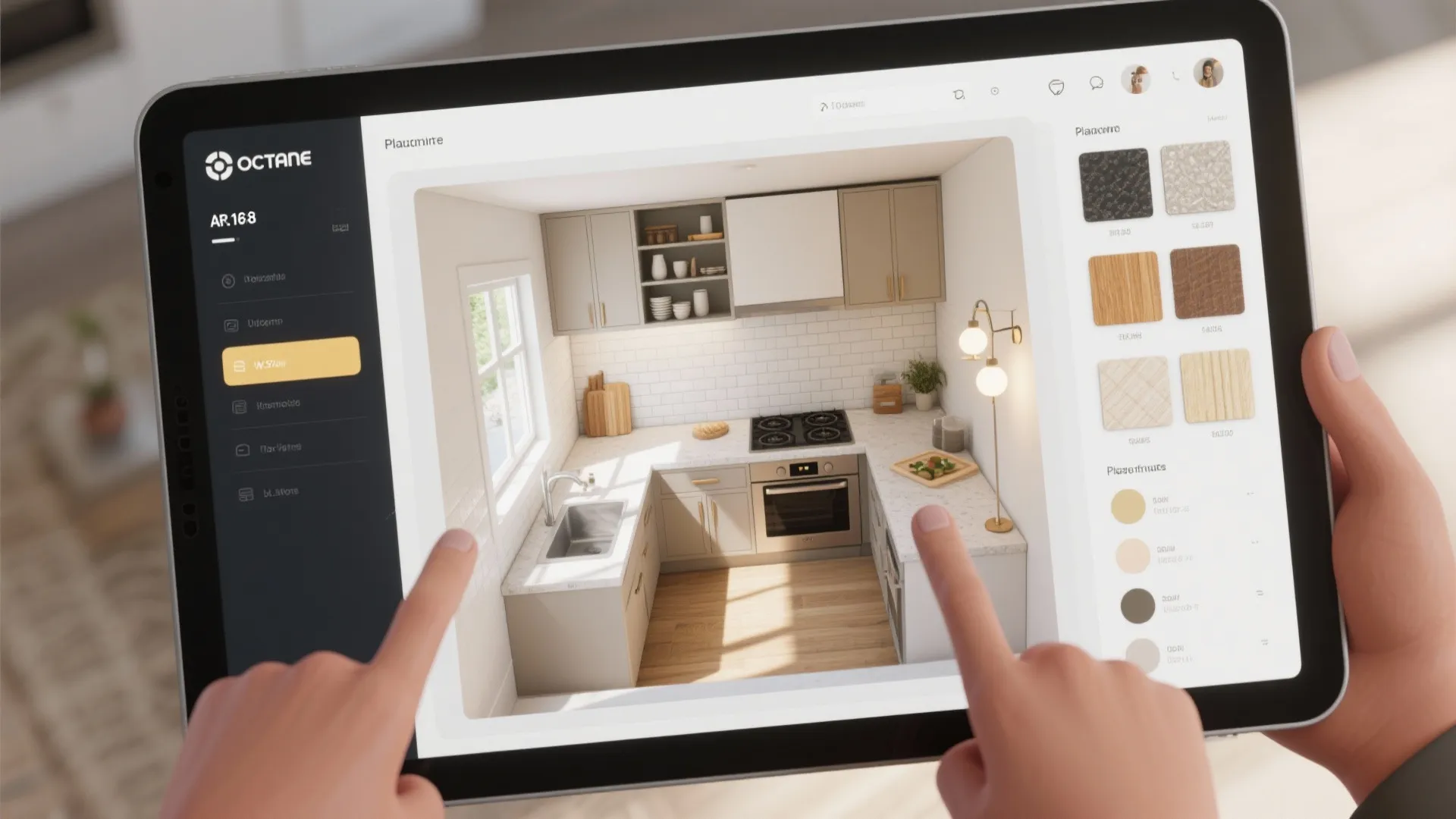 Tablet screen showing a kitchen design software with material options and a 3D room layout
