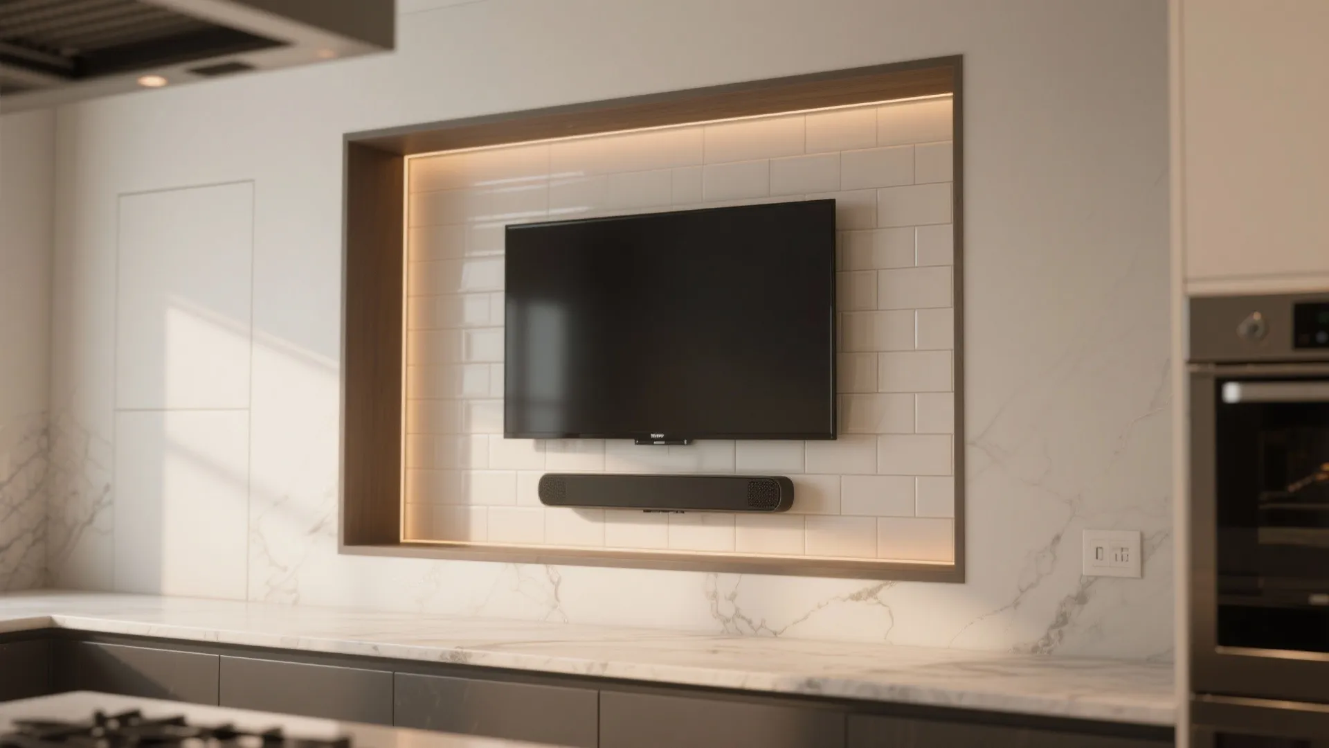 Modern kitchen wall with television mounted inside a white tile nook and built in light