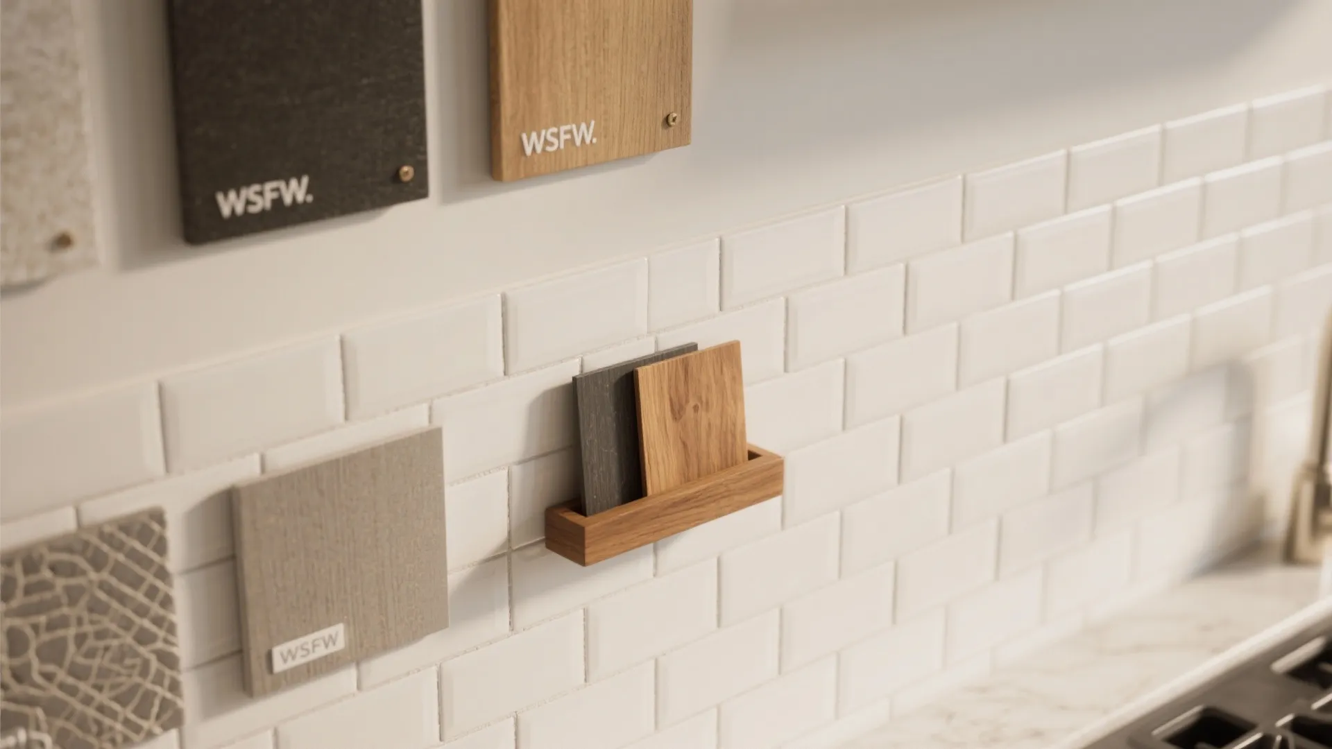 5. Two-tone backsplash: white tiles + oak accents