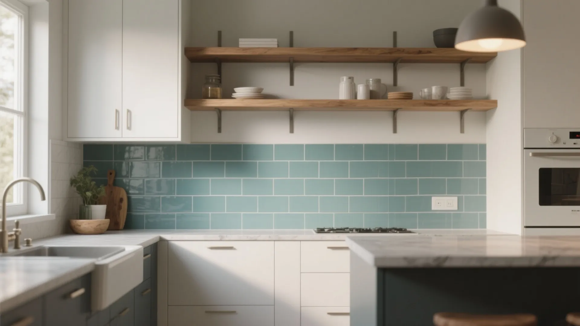 3. Bring in color through backsplash or open shelving