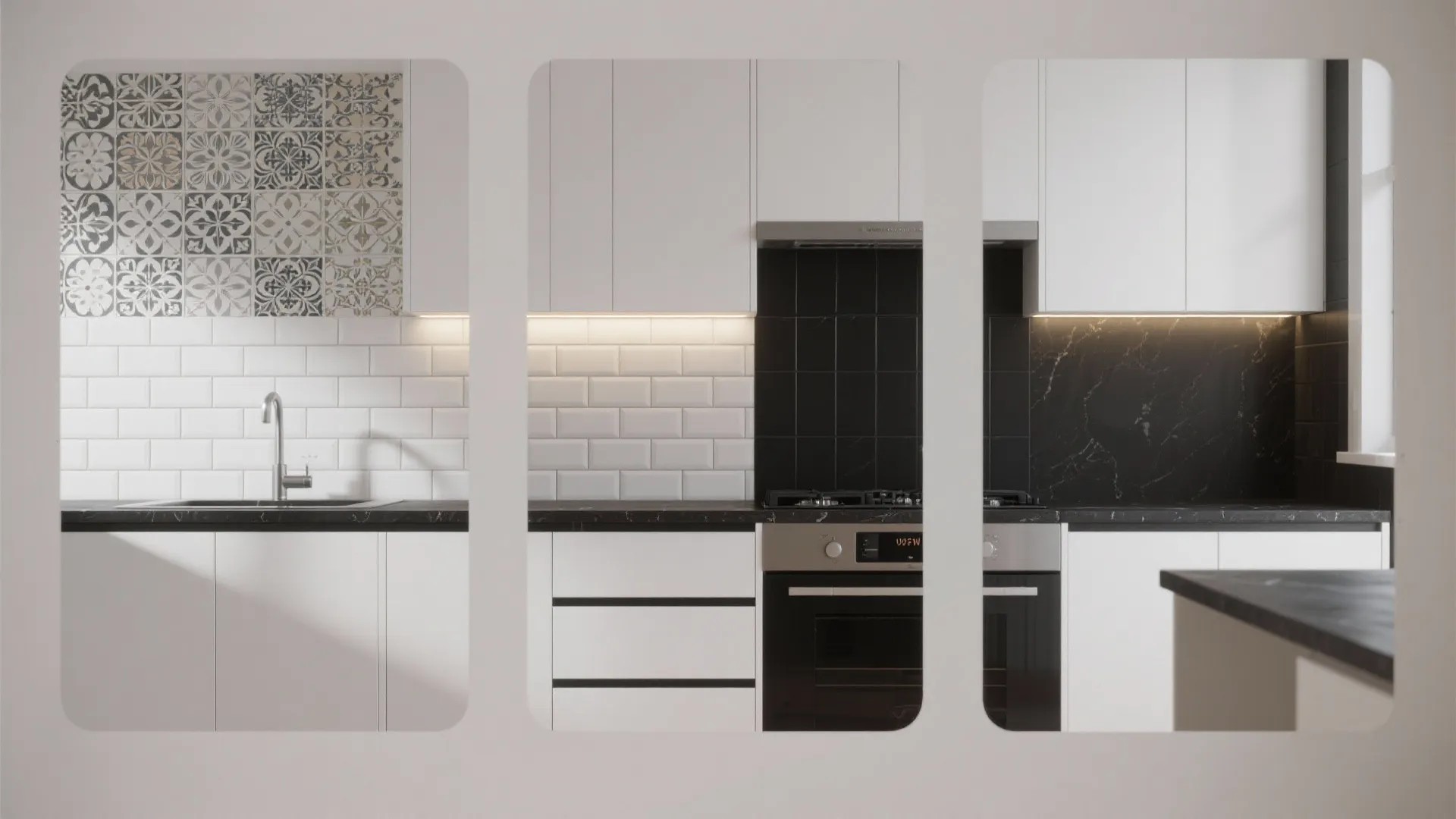 Three backsplash options: white subway tile, patterned tile, and full-height black porcelain beside a matte black countertop.