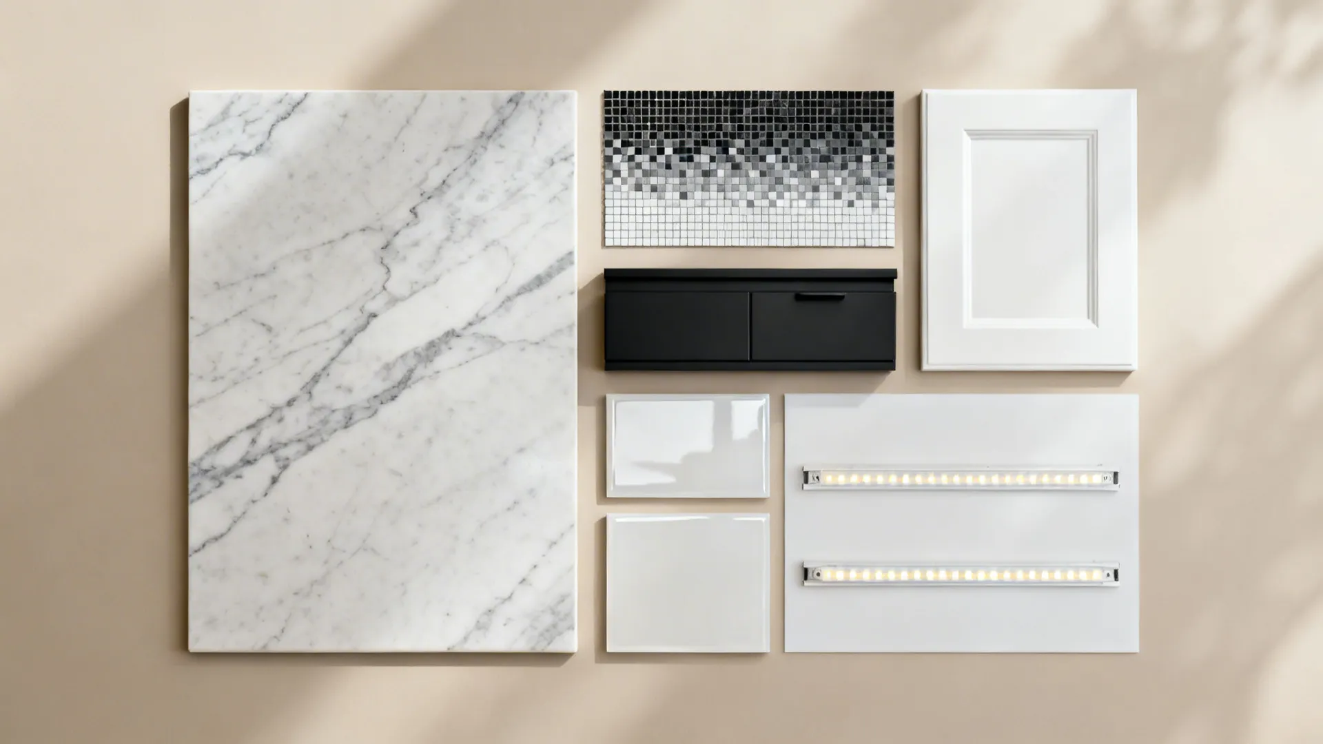 Flat lay of porcelain slab and black-and-white micro-mosaic samples with cabinet and LED options.