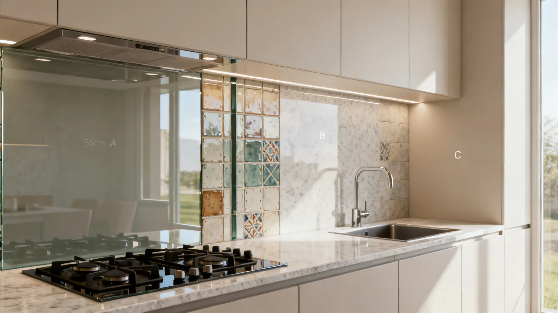 Compact kitchen wall highlighting glossy glass, zellige tile, and single-sheet slab backsplash variations.