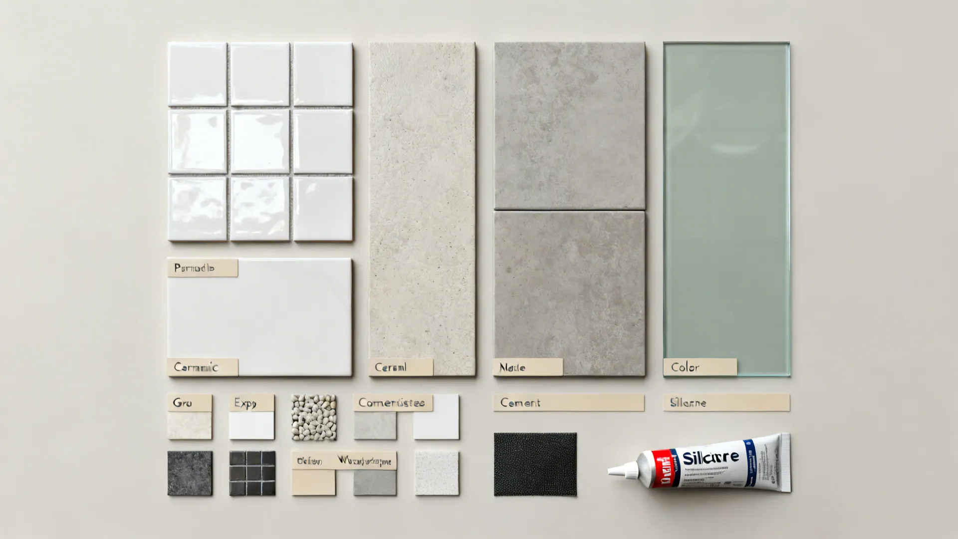 Top-down board with porcelain, ceramic, cement tile, color-backed glass, and grout samples.