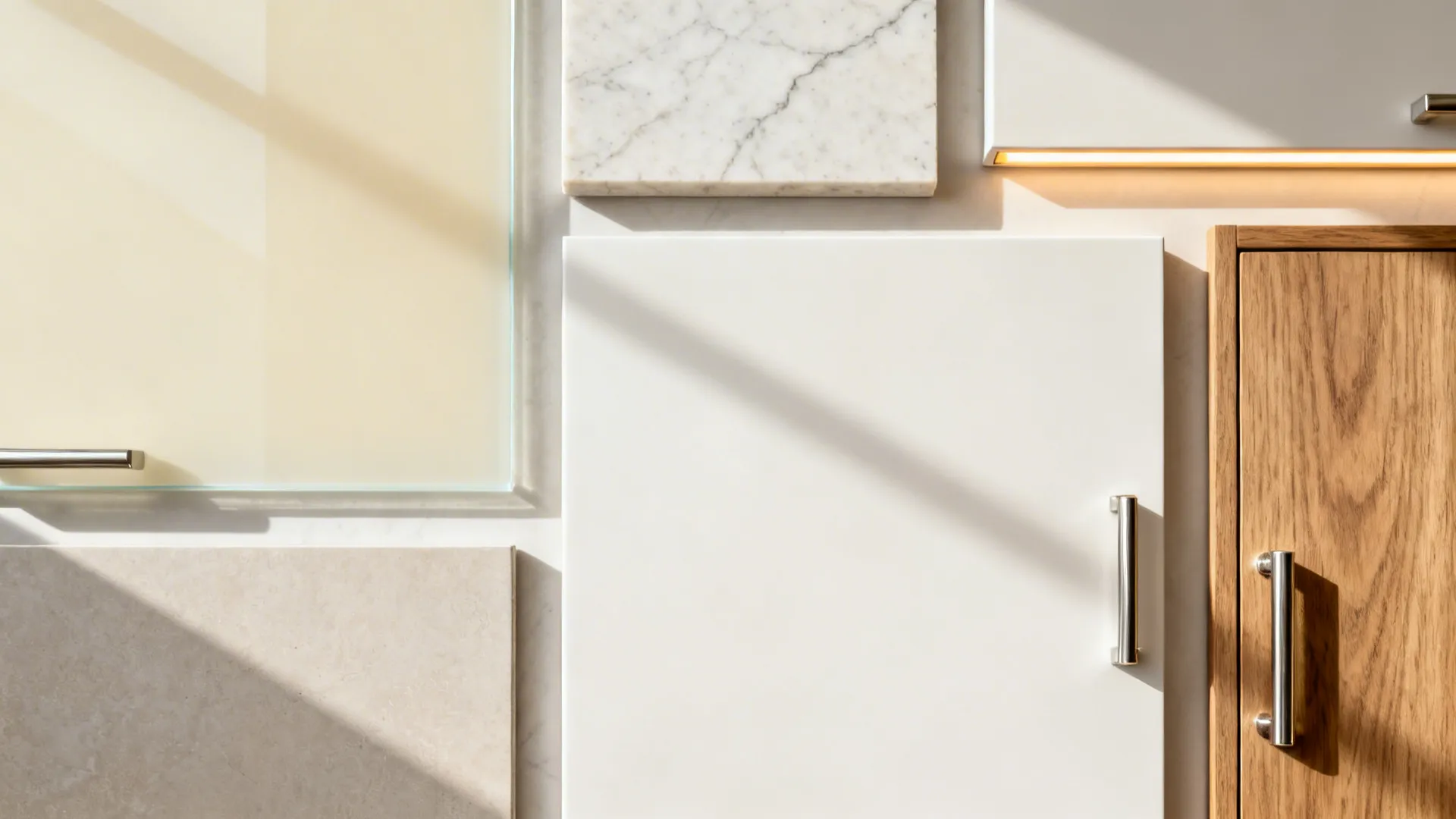 Flat lay of back-painted glass, light quartz, porcelain, wood veneer, and brushed nickel.