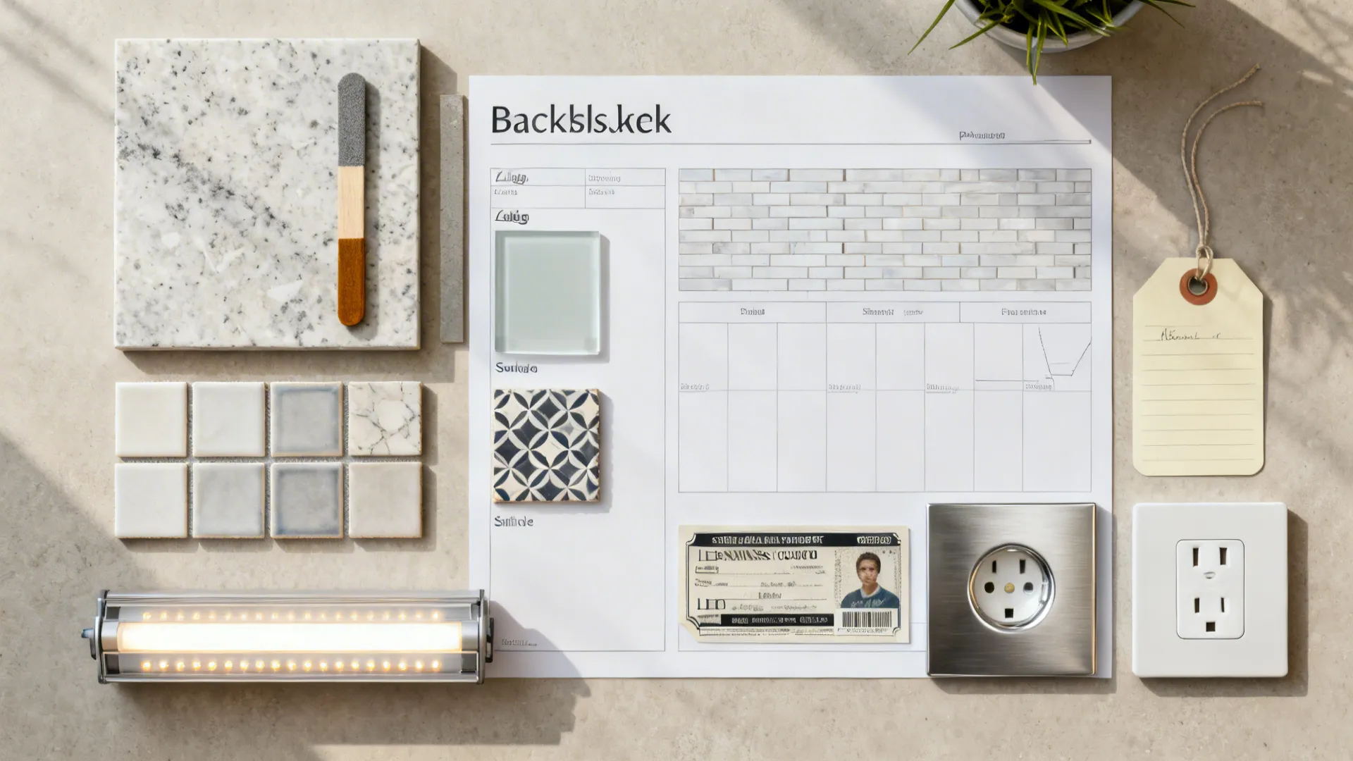 Top-down material flat lay with slab, zellige, glass, porcelain, stainless, and LEDs.